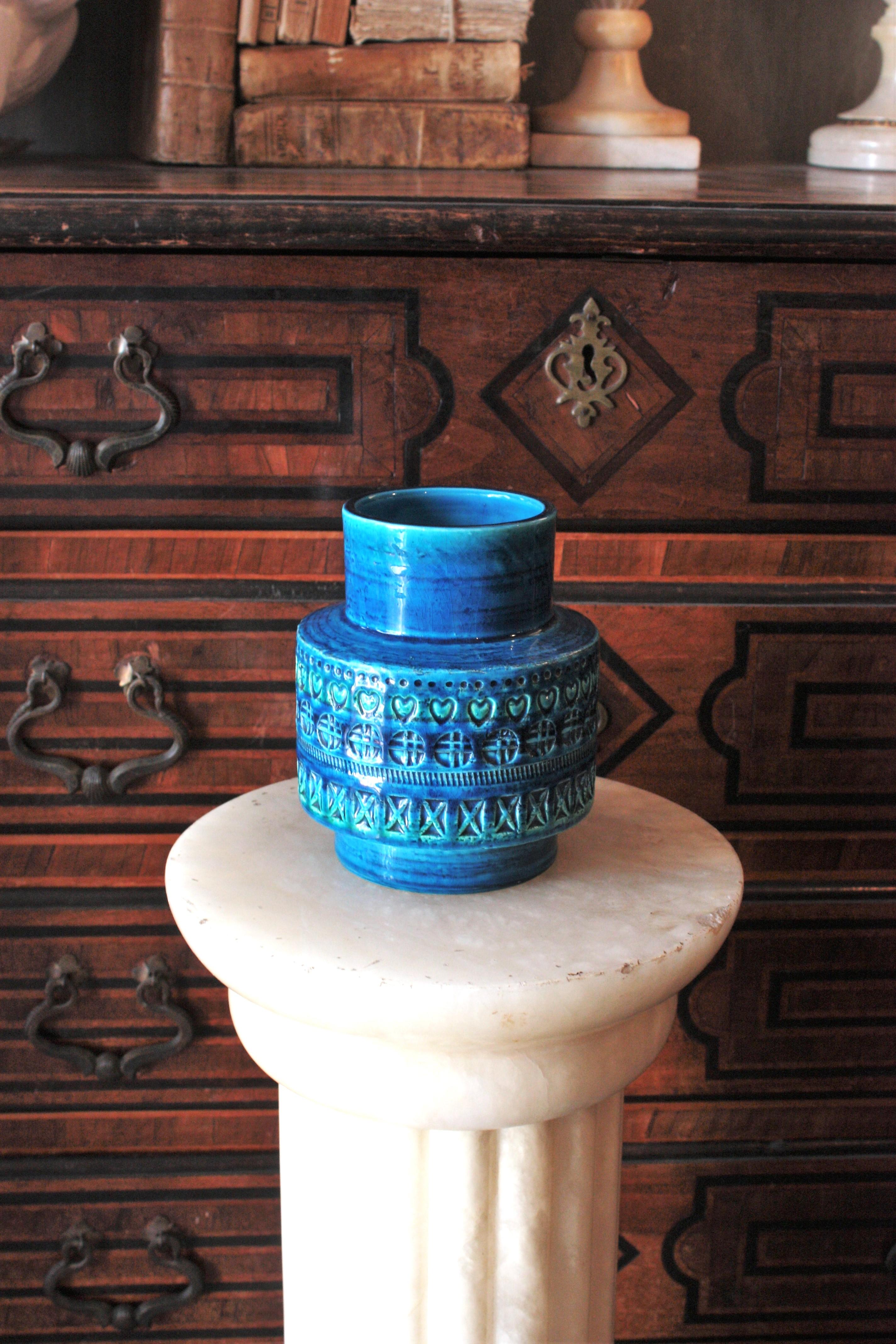 Italian Midcentury Bitossi Aldo Londi Rimini Blue Glazed Ceramic Vase For Sale
