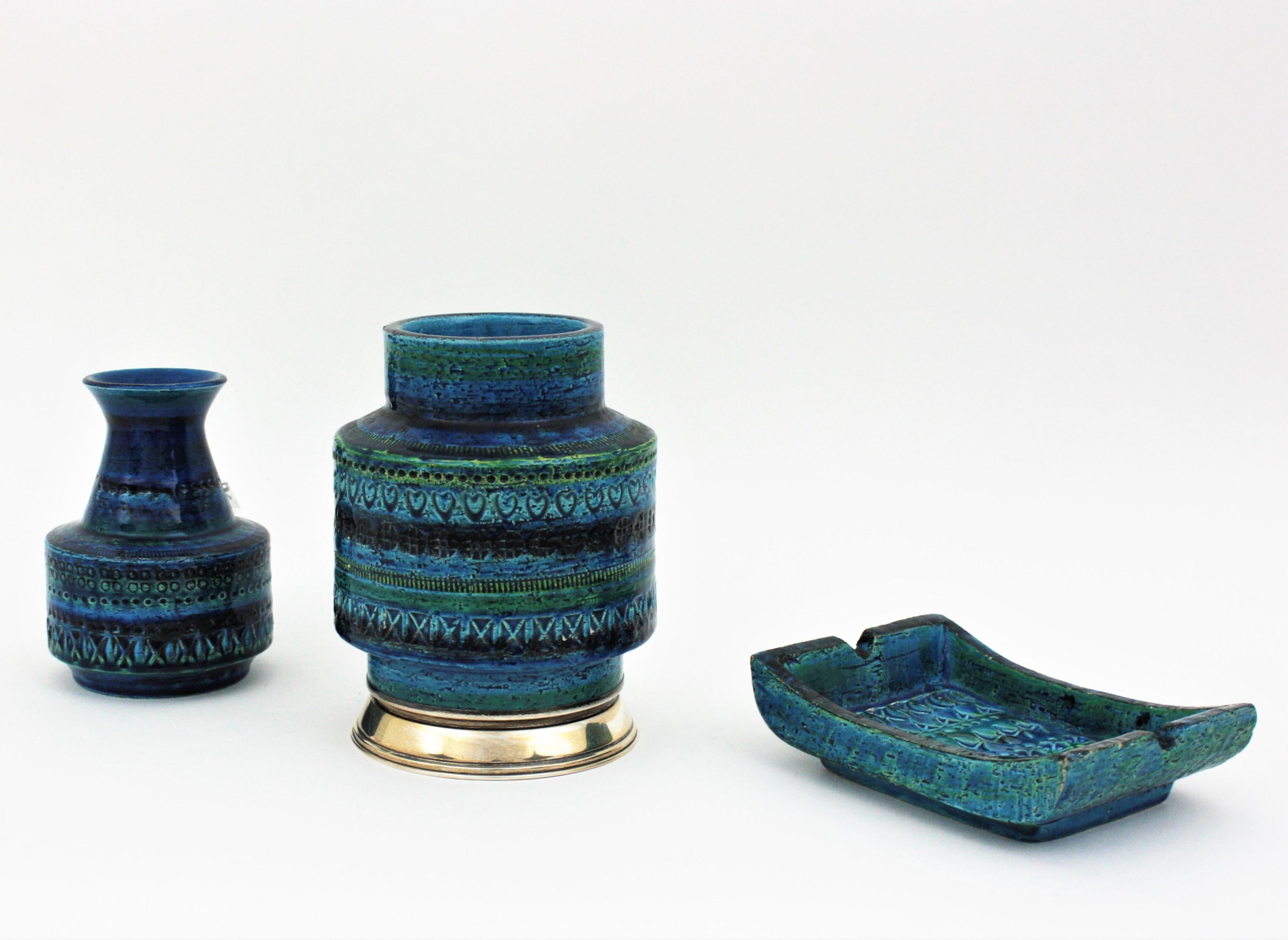 Bitossi Aldo Londi Rimini Blue Ceramic Vase on Sterling Silver Base, 1960s For Sale 2