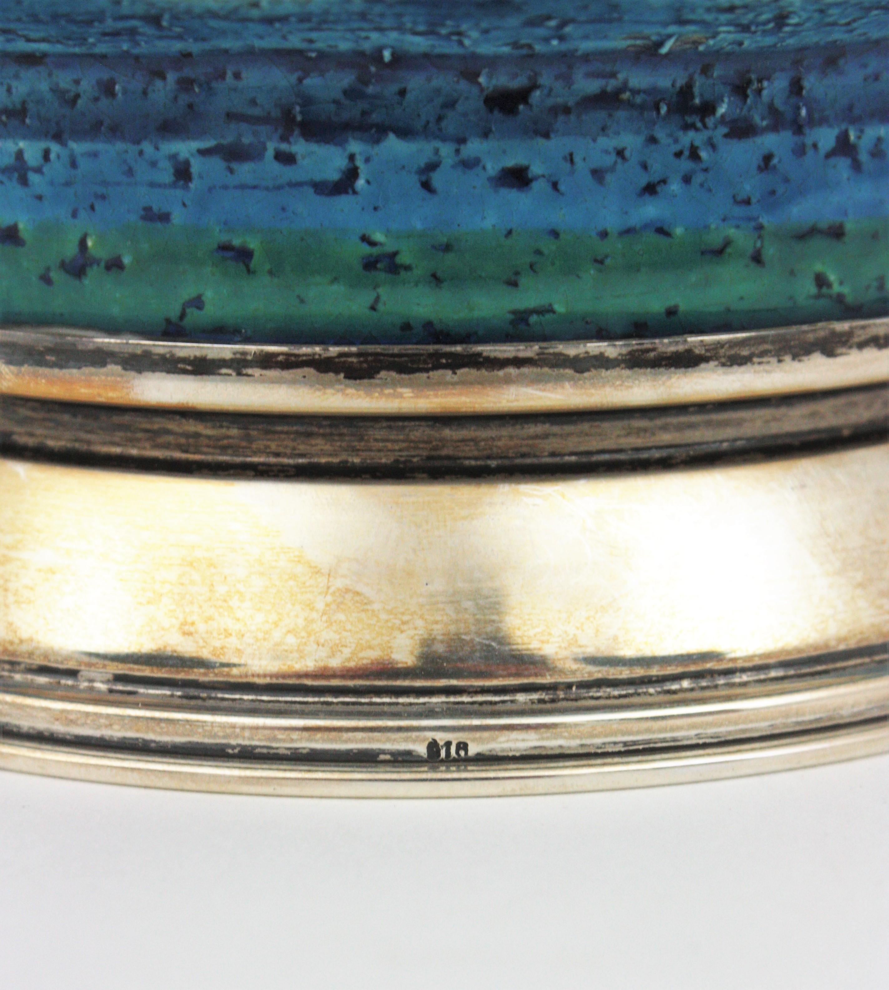 Vase en céramique bleue Rimini d'Aldo Londi sur base en argent sterling, années 1960 en vente 5