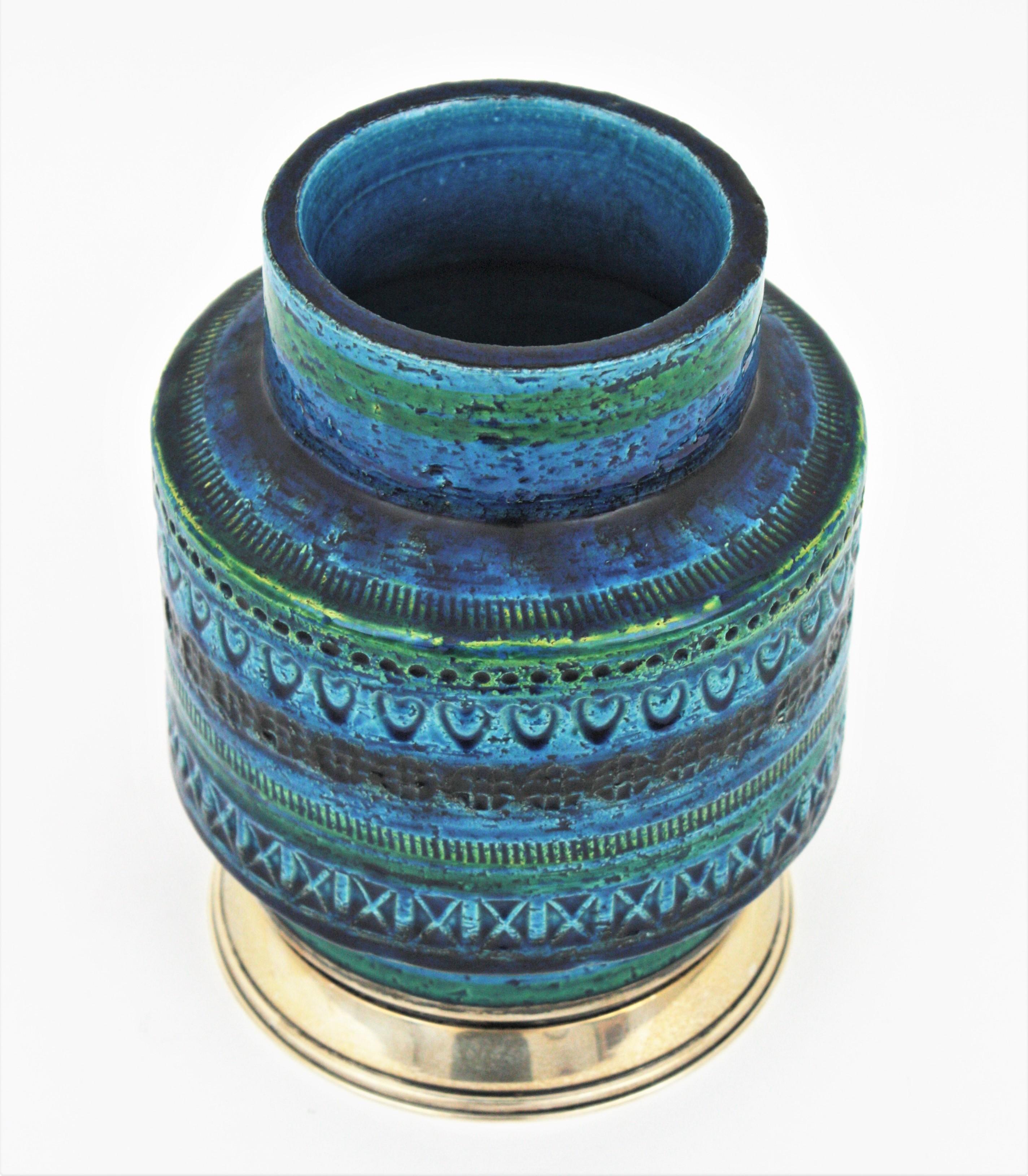 italien Vase en céramique bleue Rimini d'Aldo Londi sur base en argent sterling, années 1960 en vente