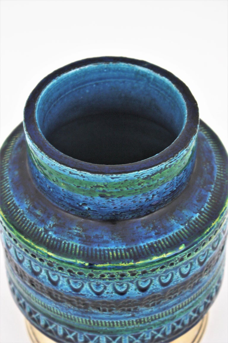 Glazed Bitossi Aldo Londi Rimini Blue Ceramic Vase on Sterling Silver Base, 1960s For Sale