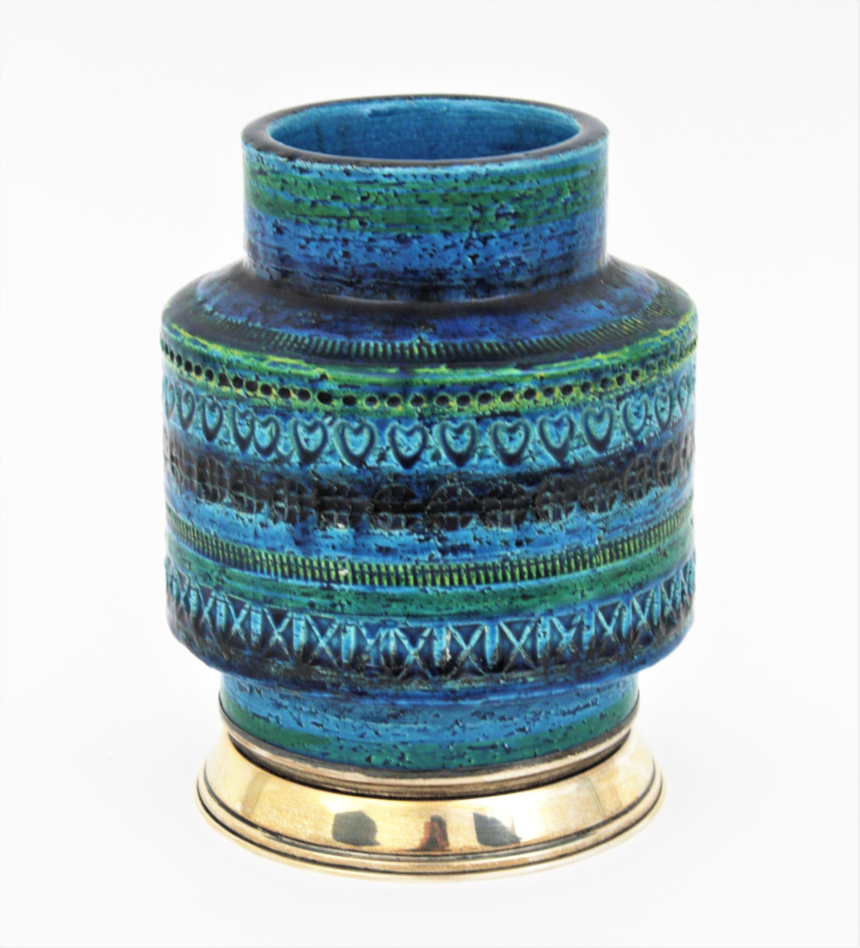 Mid-Century Modern Bitossi Aldo Londi Rimini Blue Ceramic Vase on Sterling Silver Base, 1960s For Sale