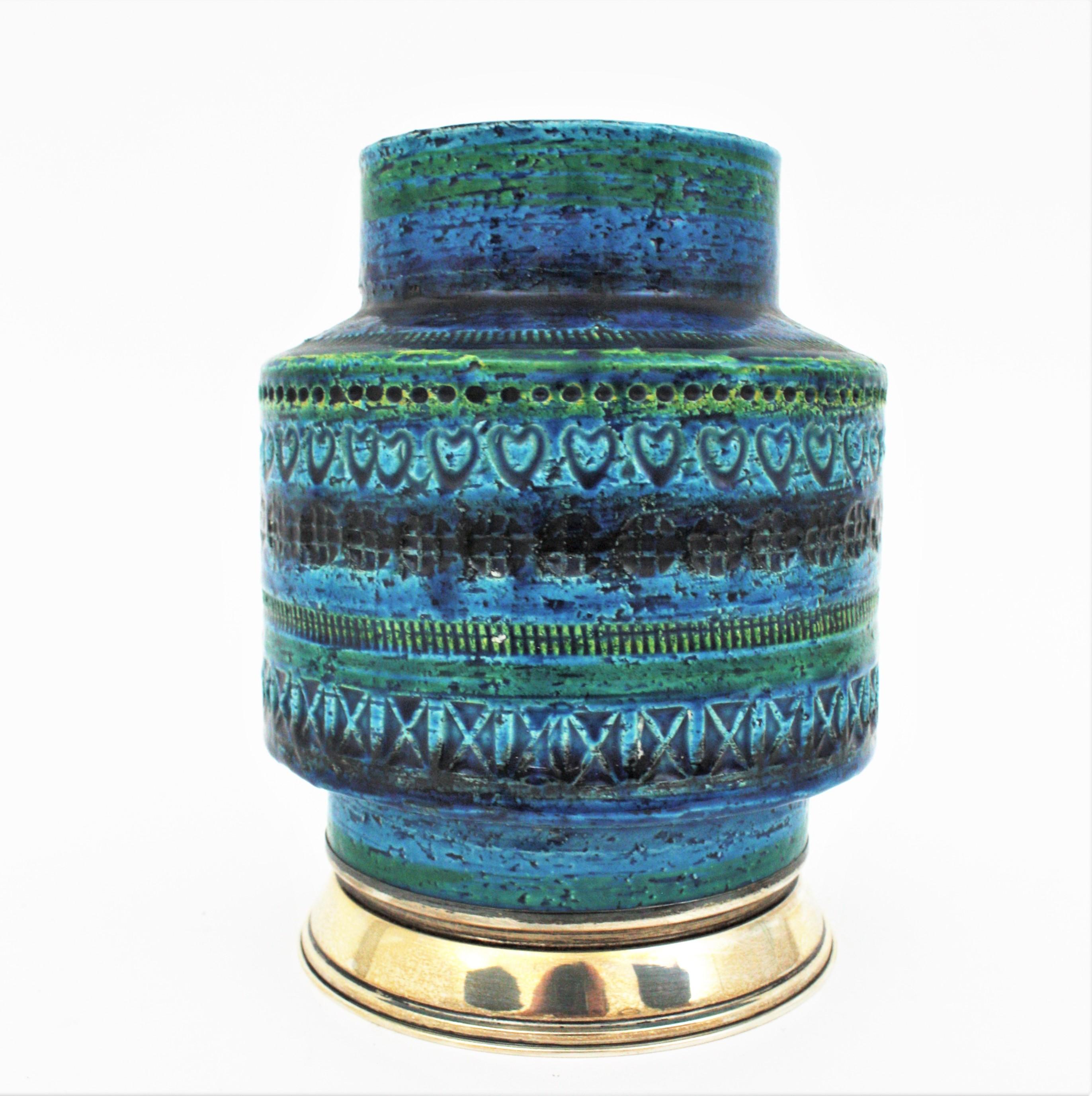 Glazed Bitossi Aldo Londi Rimini Blue Ceramic Vase on Sterling Silver Base, 1960s For Sale
