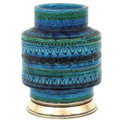 Bitossi Aldo Londi Rimini Blue Ceramic Vase on Sterling Silver Base, 1960s