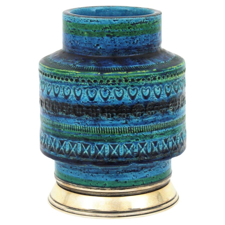 Bitossi Aldo Londi Rimini Blue Ceramic Vase on Sterling Silver Base, 1960s For Sale