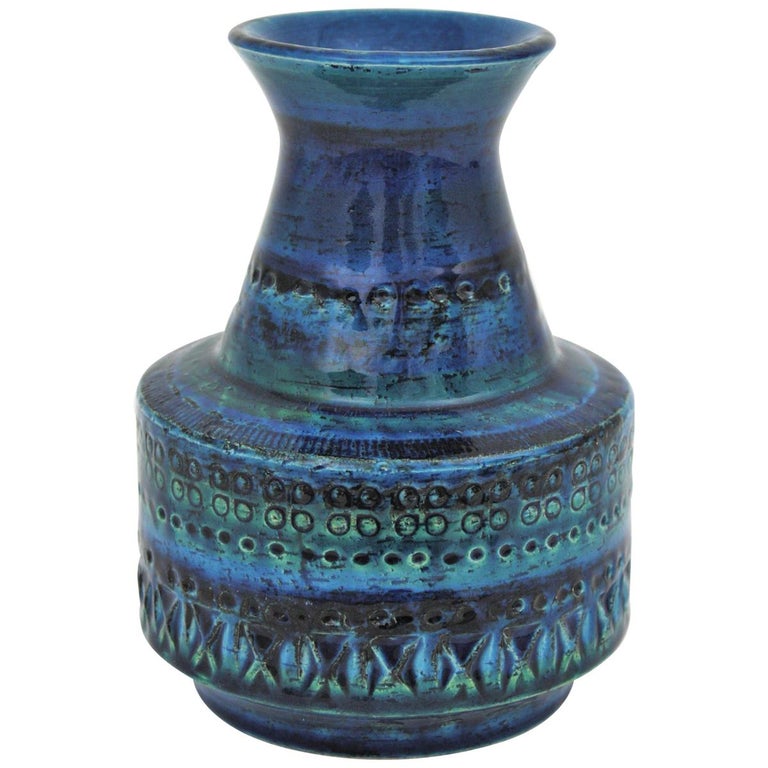 Mid-Century Modern Bitossi Aldo Londi Rimini Blue Glazed Ceramic Conic Vase, 1960s For Sale