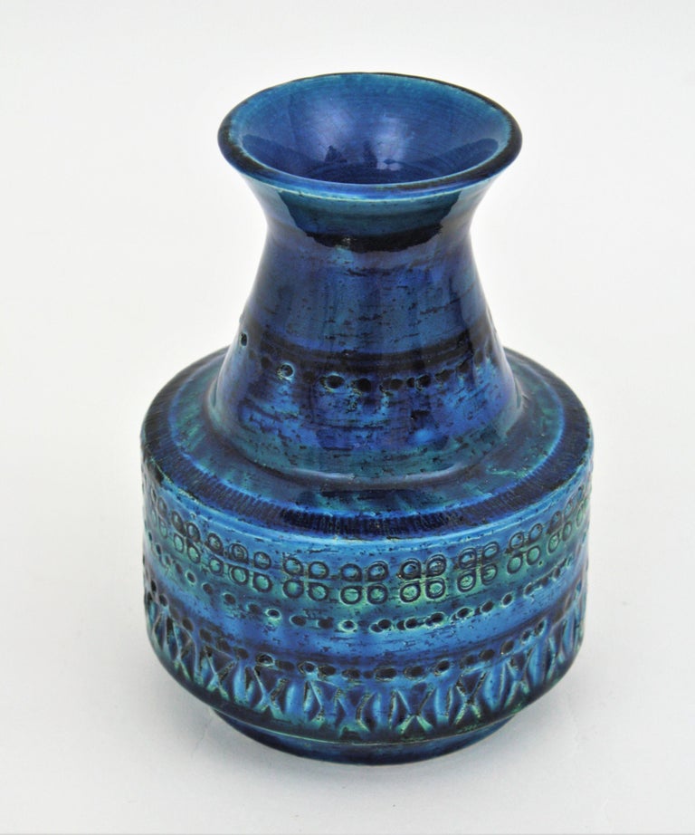 20th Century Bitossi Aldo Londi Rimini Blue Glazed Ceramic Conic Vase, 1960s For Sale