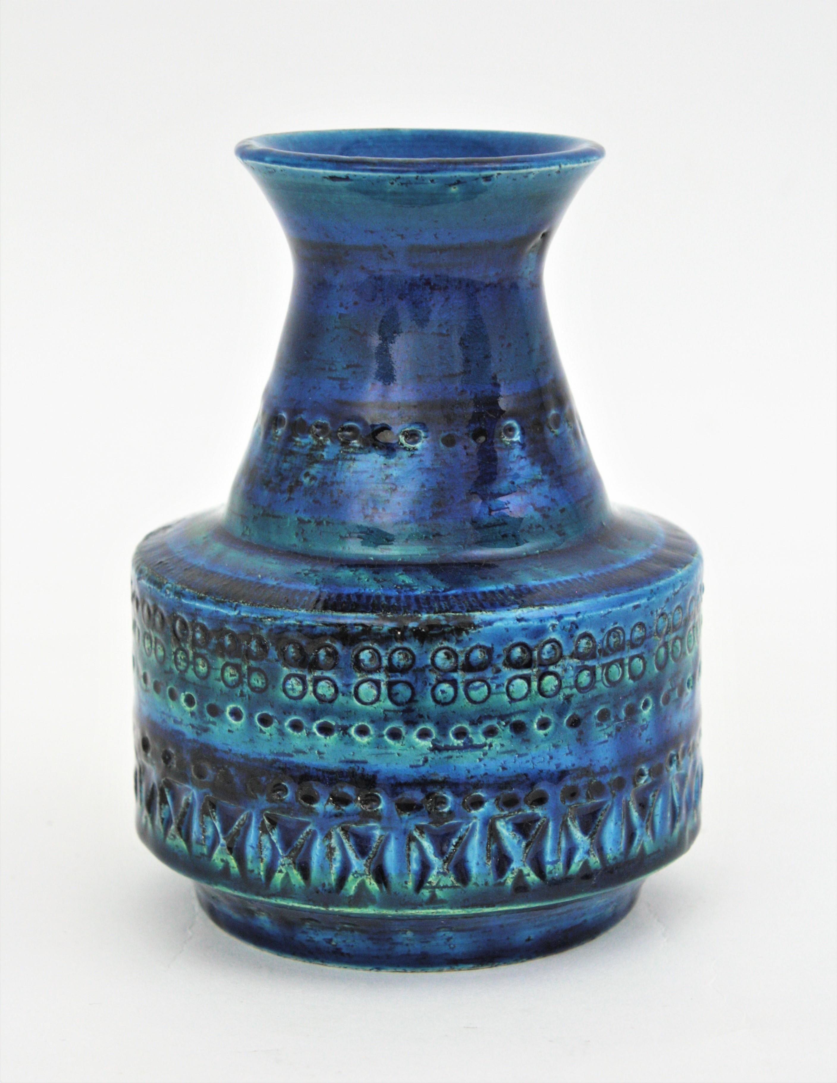 Italian Bitossi Aldo Londi Rimini Blue Glazed Ceramic Conic Vase, 1960s