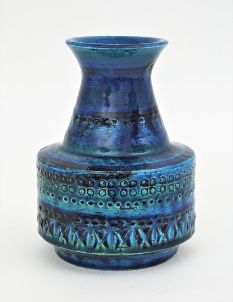 Pottery Bitossi Aldo Londi Rimini Blue Glazed Ceramic Conic Vase, 1960s For Sale