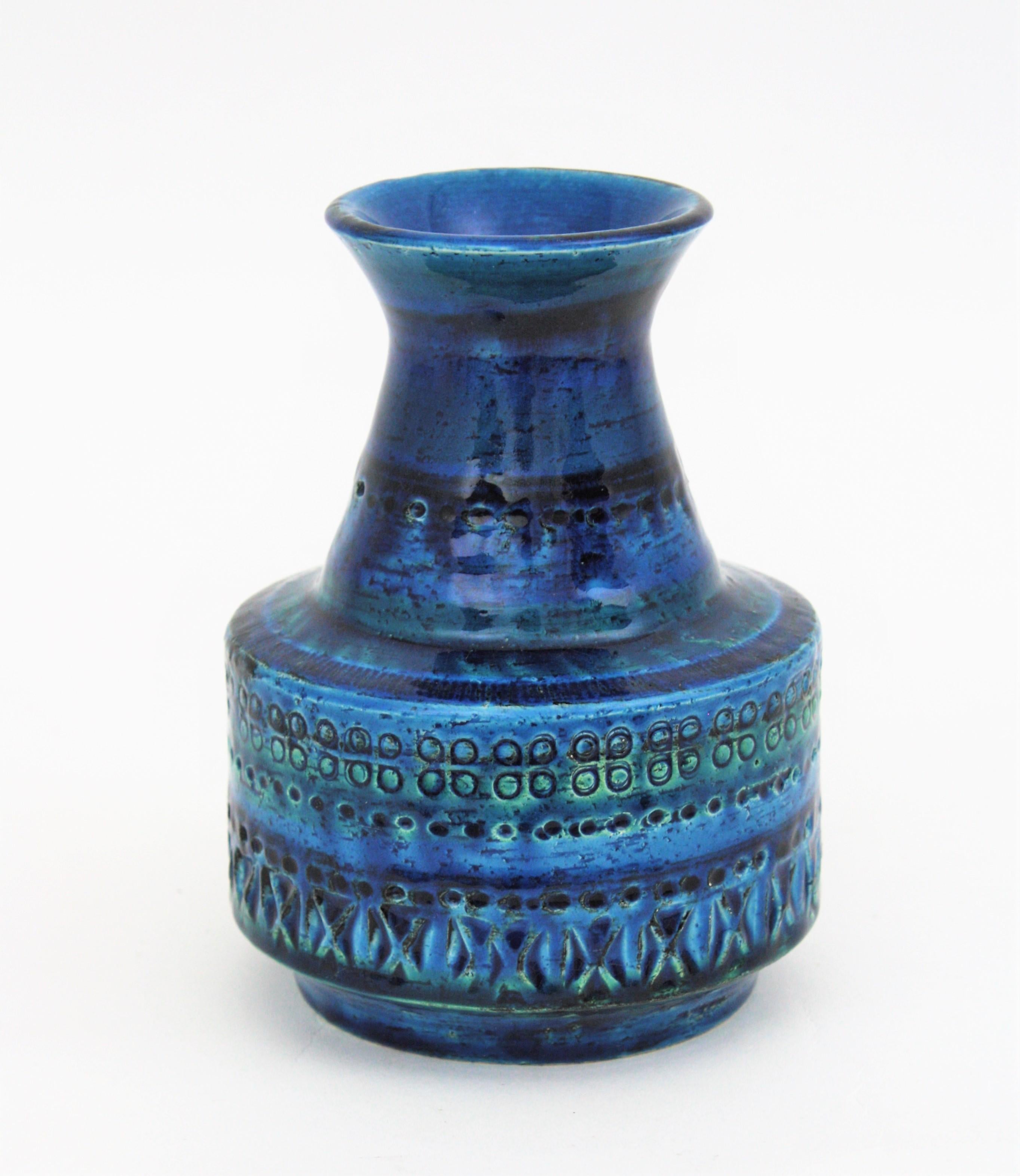 20th Century Bitossi Aldo Londi Rimini Blue Glazed Ceramic Conic Vase, 1960s