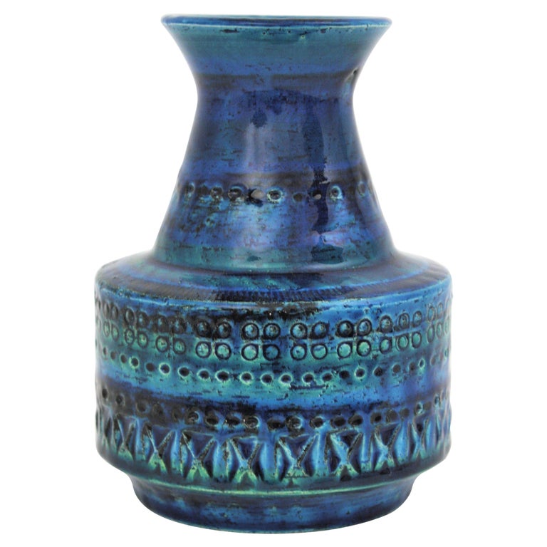 Bitossi Aldo Londi Rimini Blue Glazed Ceramic Conic Vase, 1960s For Sale