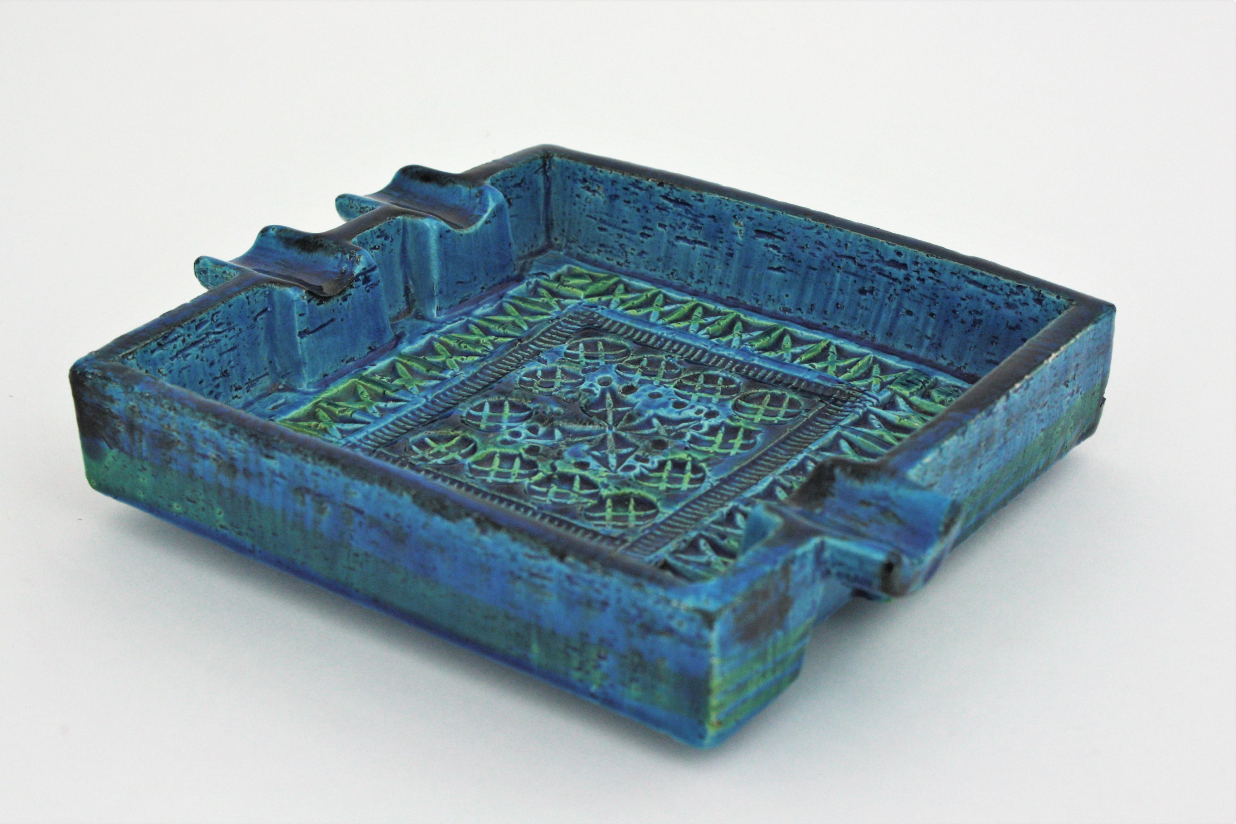 Bitossi Aldo Londi Rimini Blue Glazed Ceramic Large Square Ashtray For Sale 2