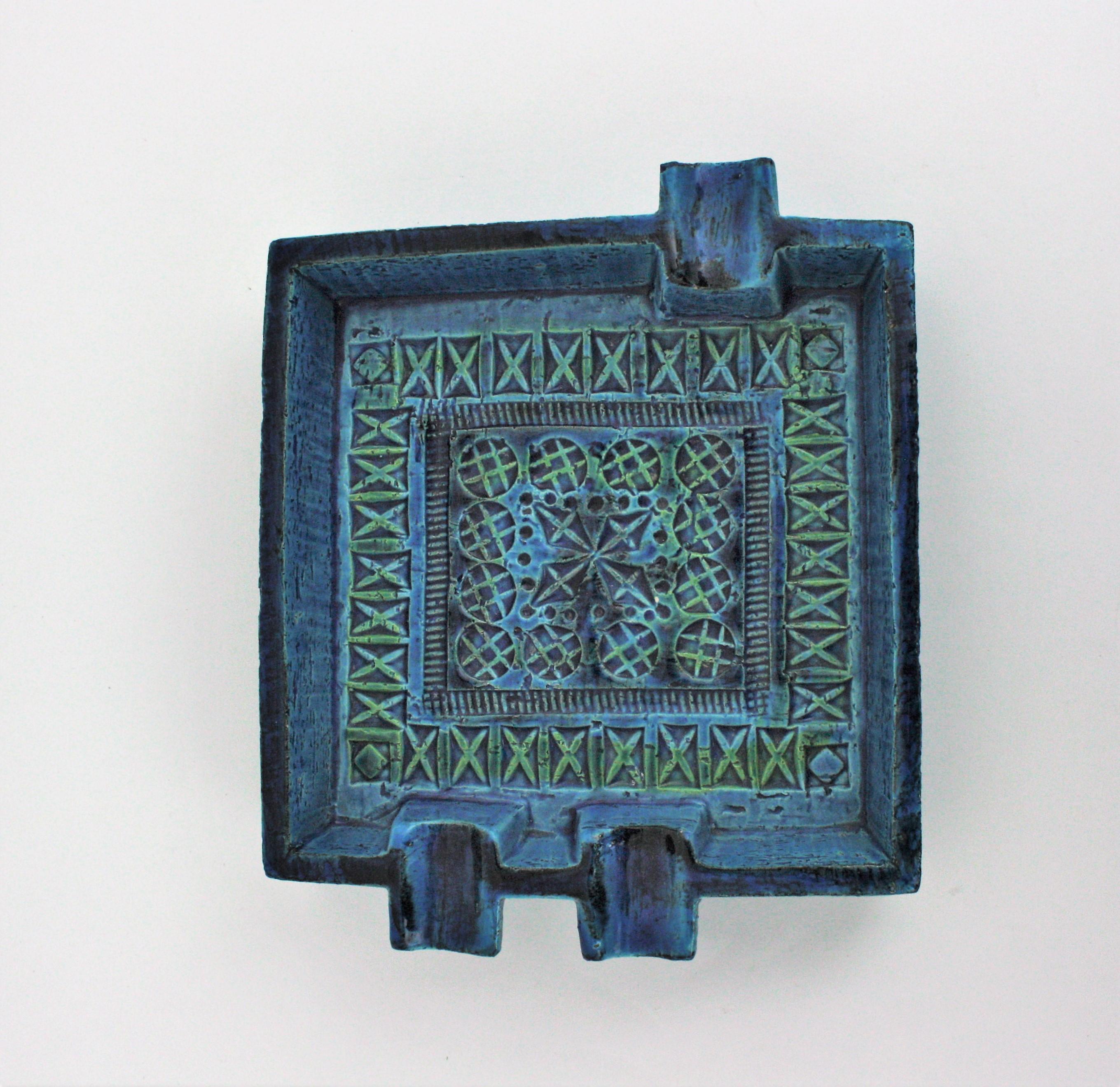 Cenicero cuadrado grande de cerámica esmaltada azul Bitossi Aldo Londi Rimini en venta 3