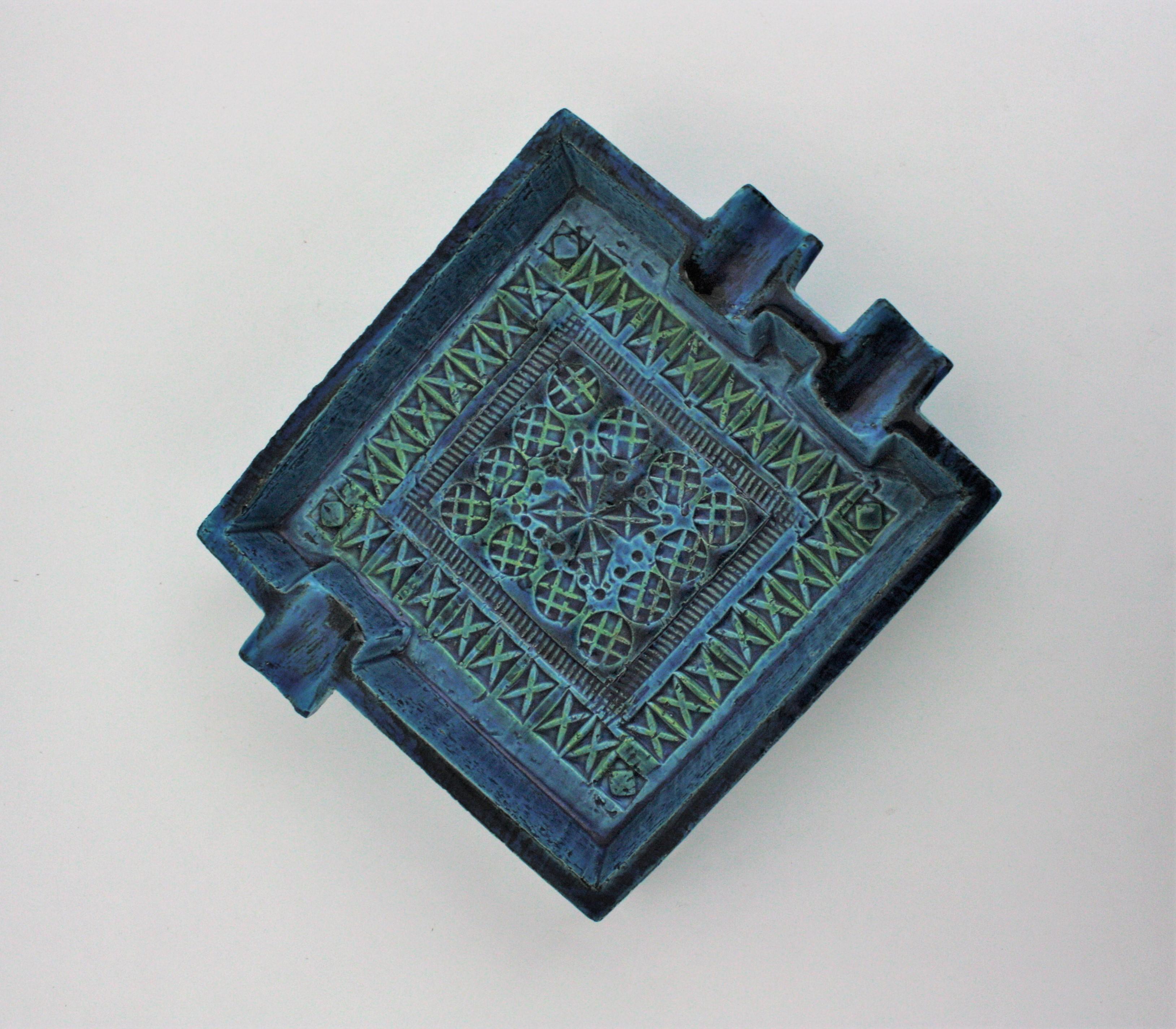 Bitossi Aldo Londi Rimini Blue Glazed Ceramic Large Square Ashtray For Sale 4