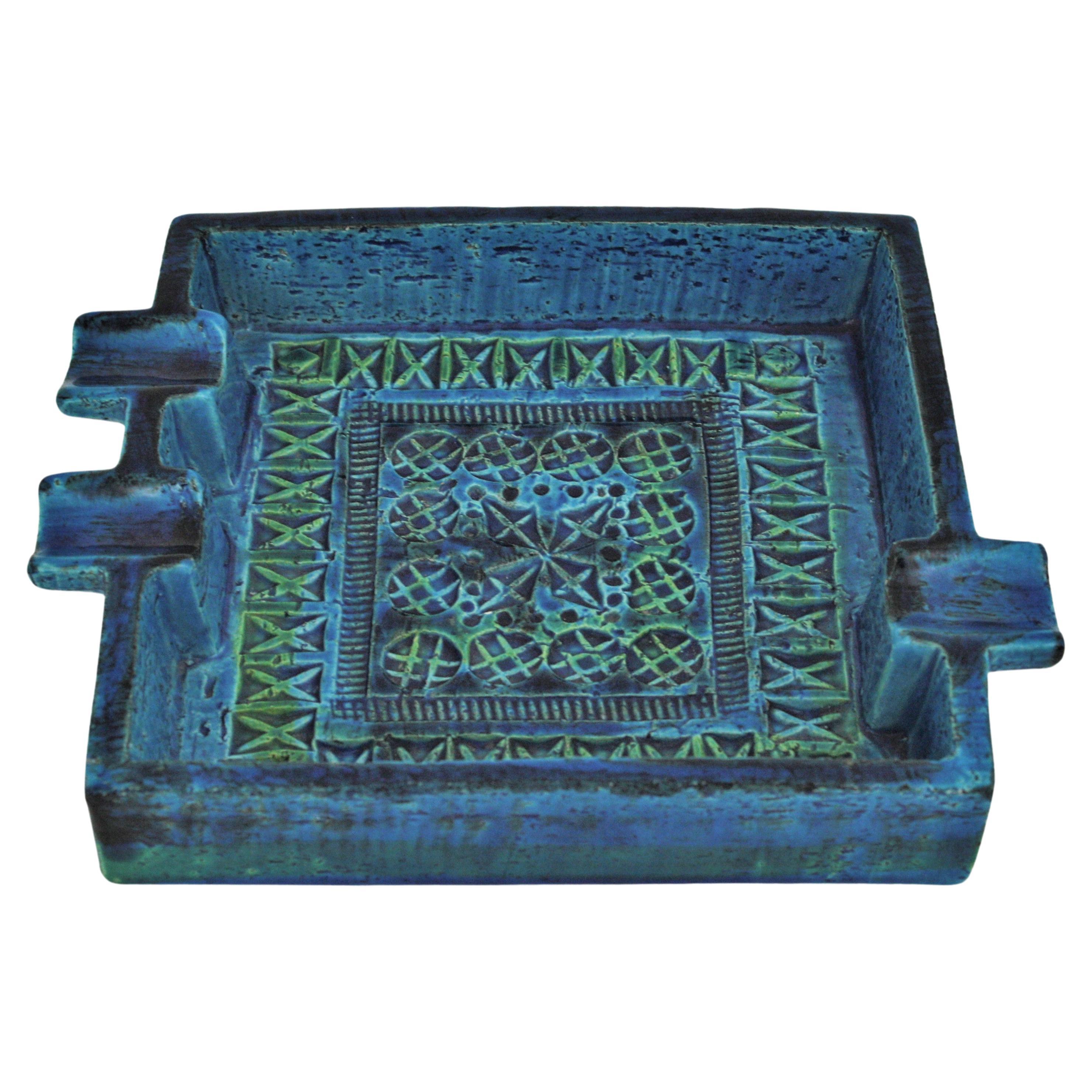 Großer quadratischer Aschenbecher aus glasierter Keramik von Bitossi Aldo Londi Rimini in Blau (Moderne der Mitte des Jahrhunderts) im Angebot