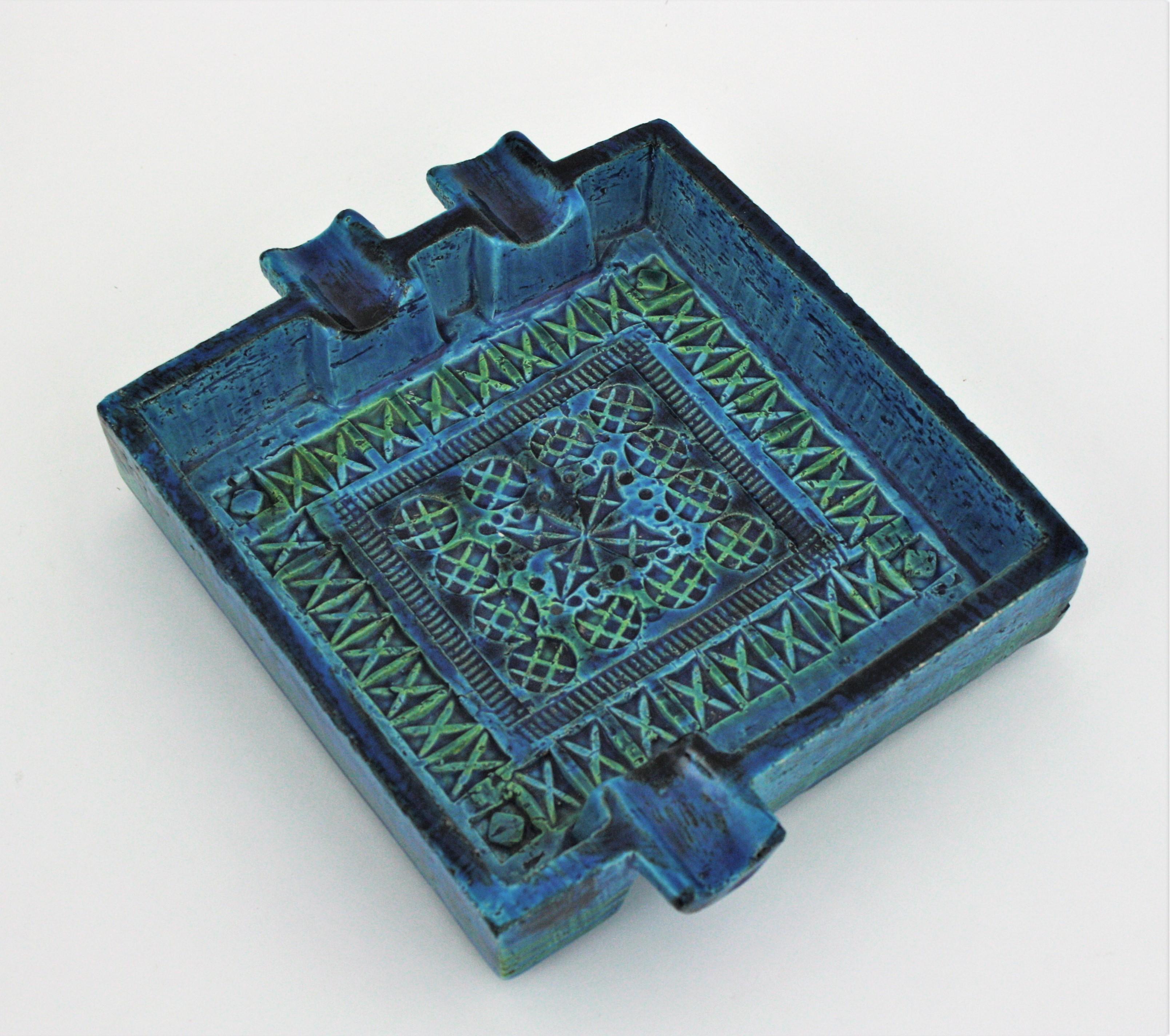 Italian Bitossi Aldo Londi Rimini Blue Glazed Ceramic Large Square Ashtray For Sale