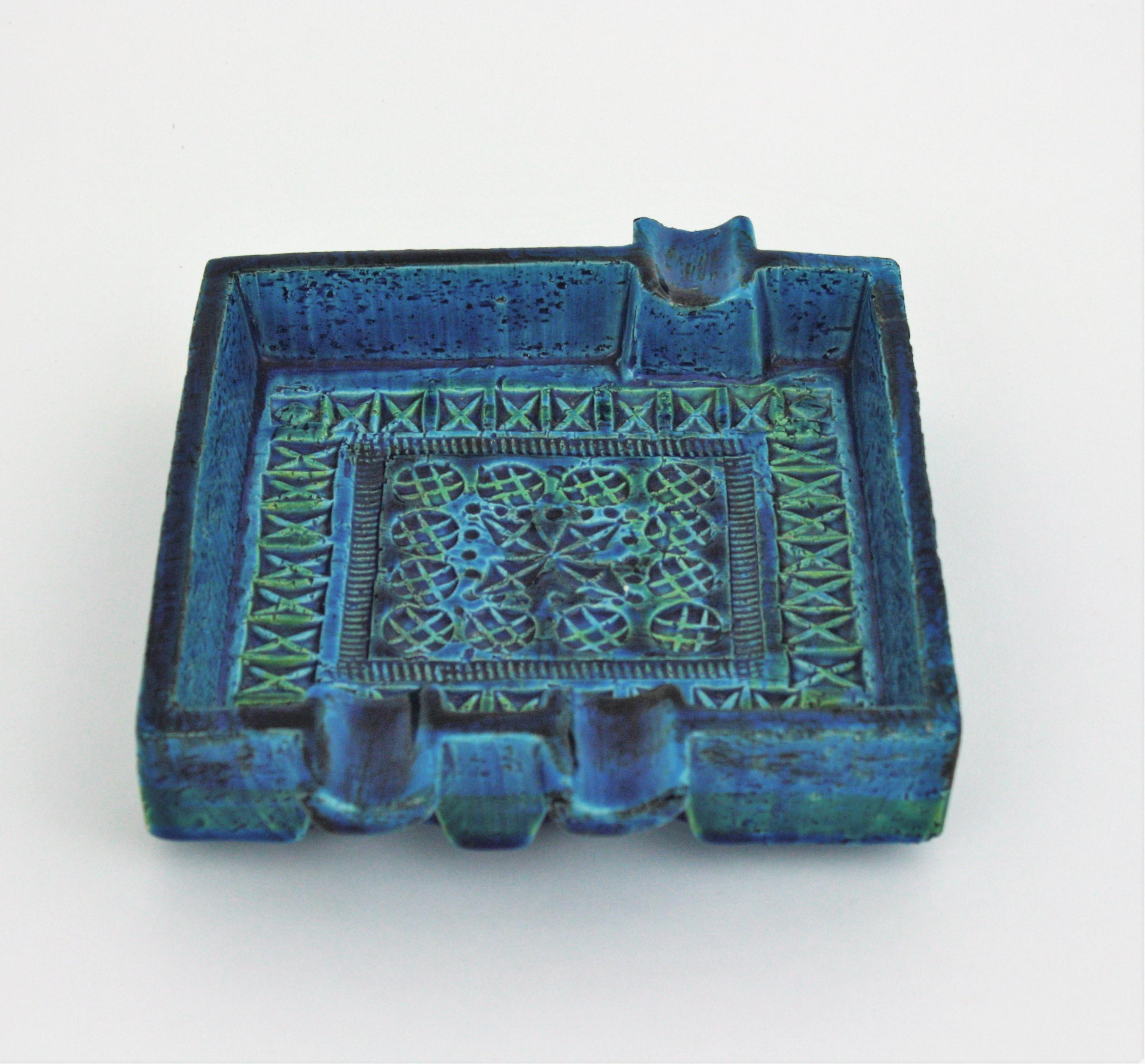 Bitossi Aldo Londi Rimini Blue Glazed Ceramic Large Square Ashtray In Good Condition For Sale In Barcelona, ES