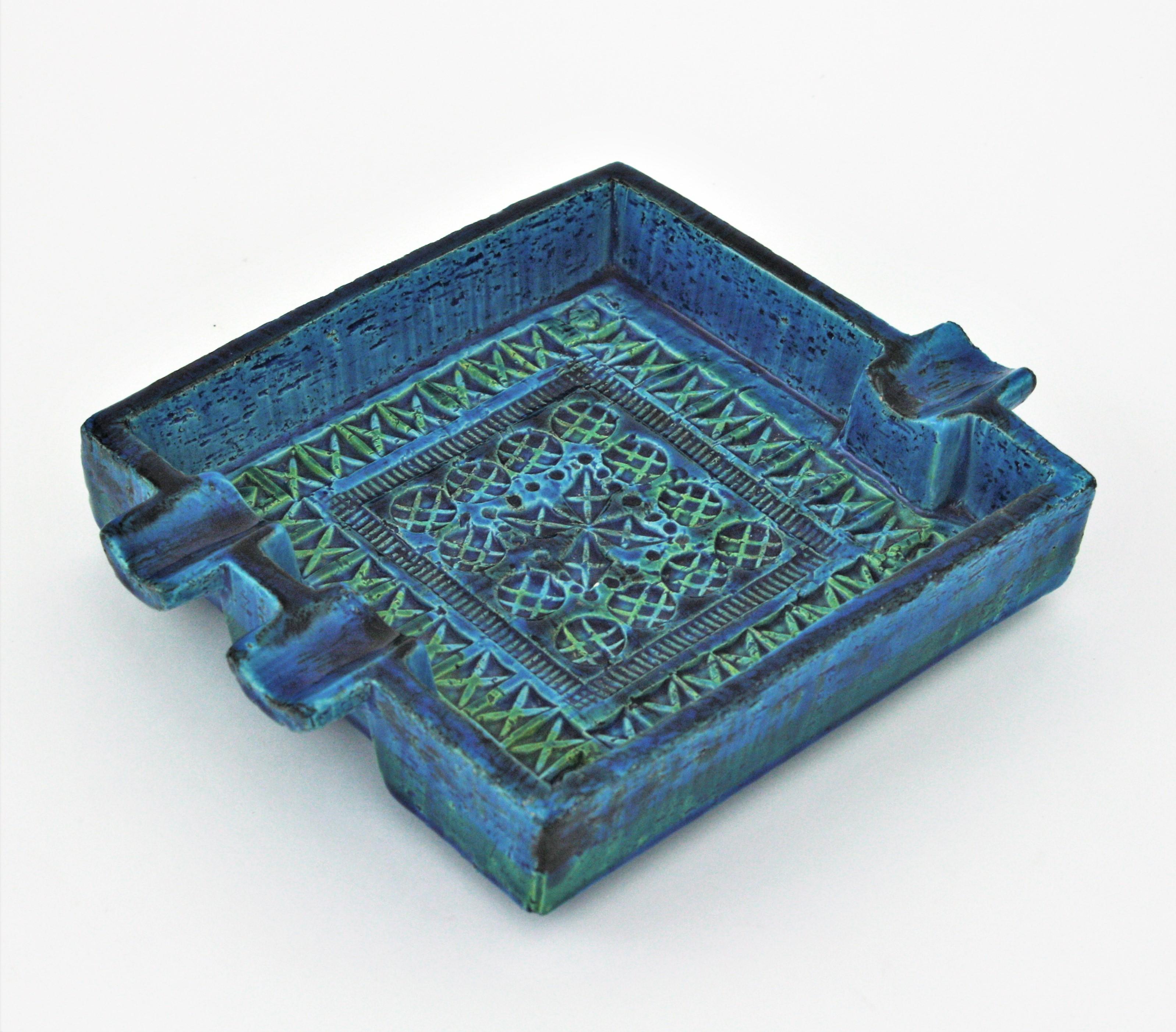 Pottery Bitossi Aldo Londi Rimini Blue Glazed Ceramic Large Square Ashtray For Sale