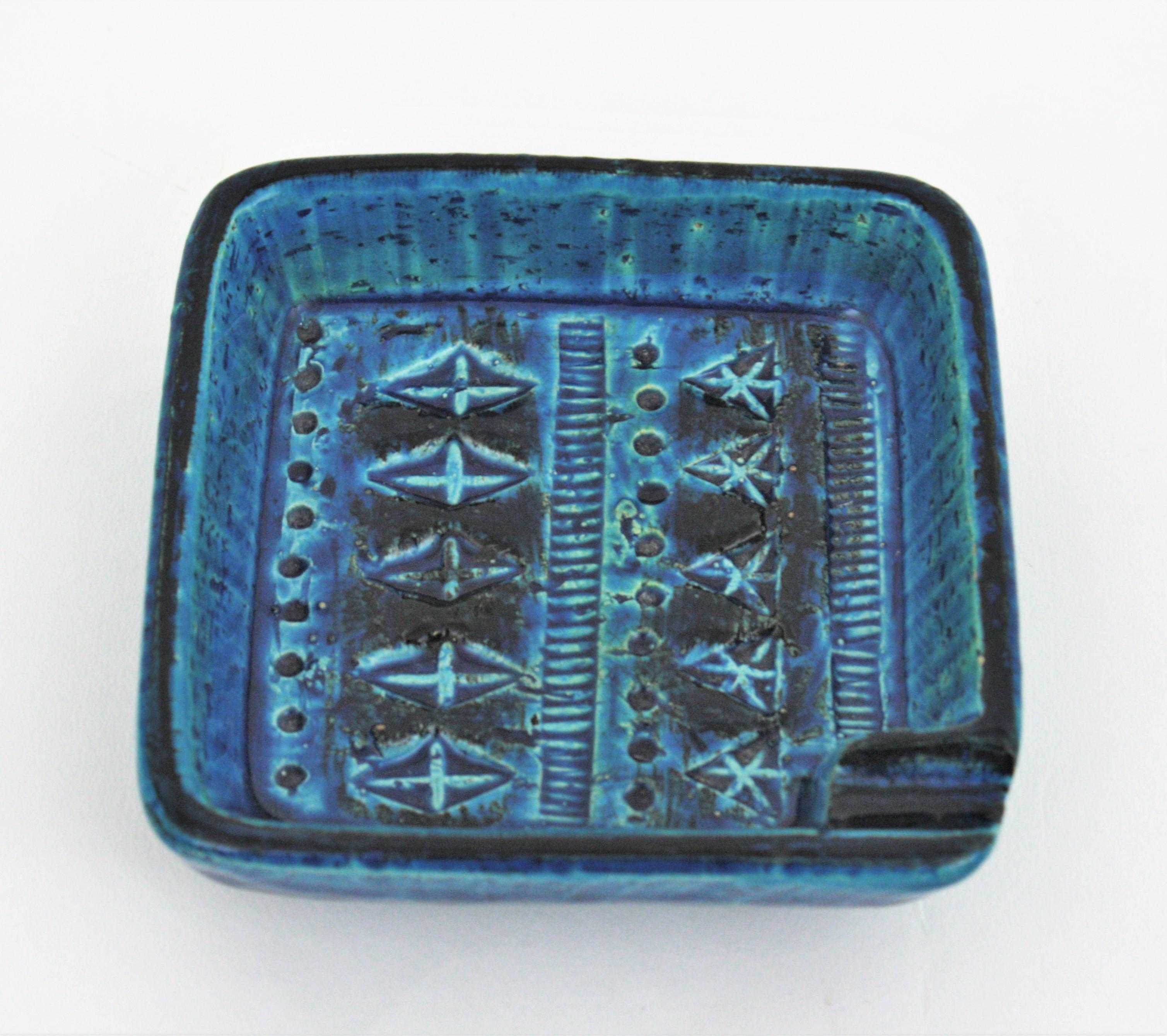 Bitossi Aldo Londi Rimini Blue Glazed Ceramic Square Ashtray, Italy, 1960s For Sale 1