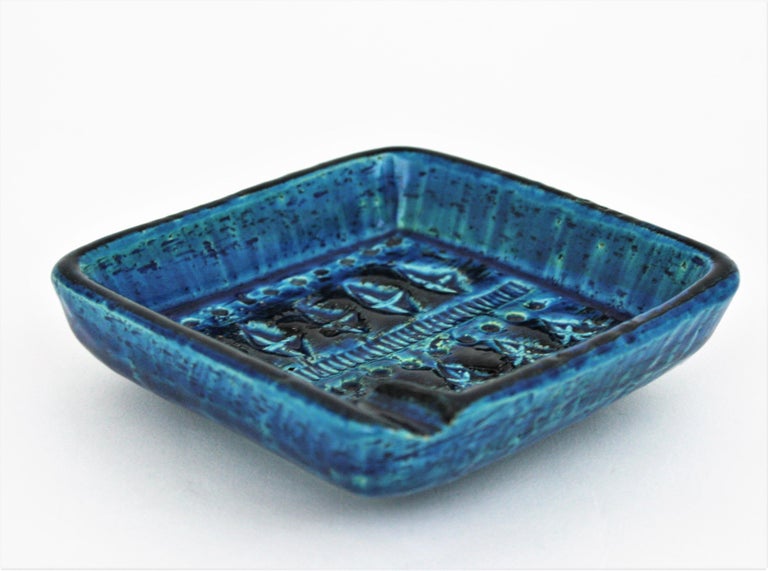 Bitossi Aldo Londi Rimini Blue Glazed Ceramic Square Ashtray, Italy, 1960s For Sale 5