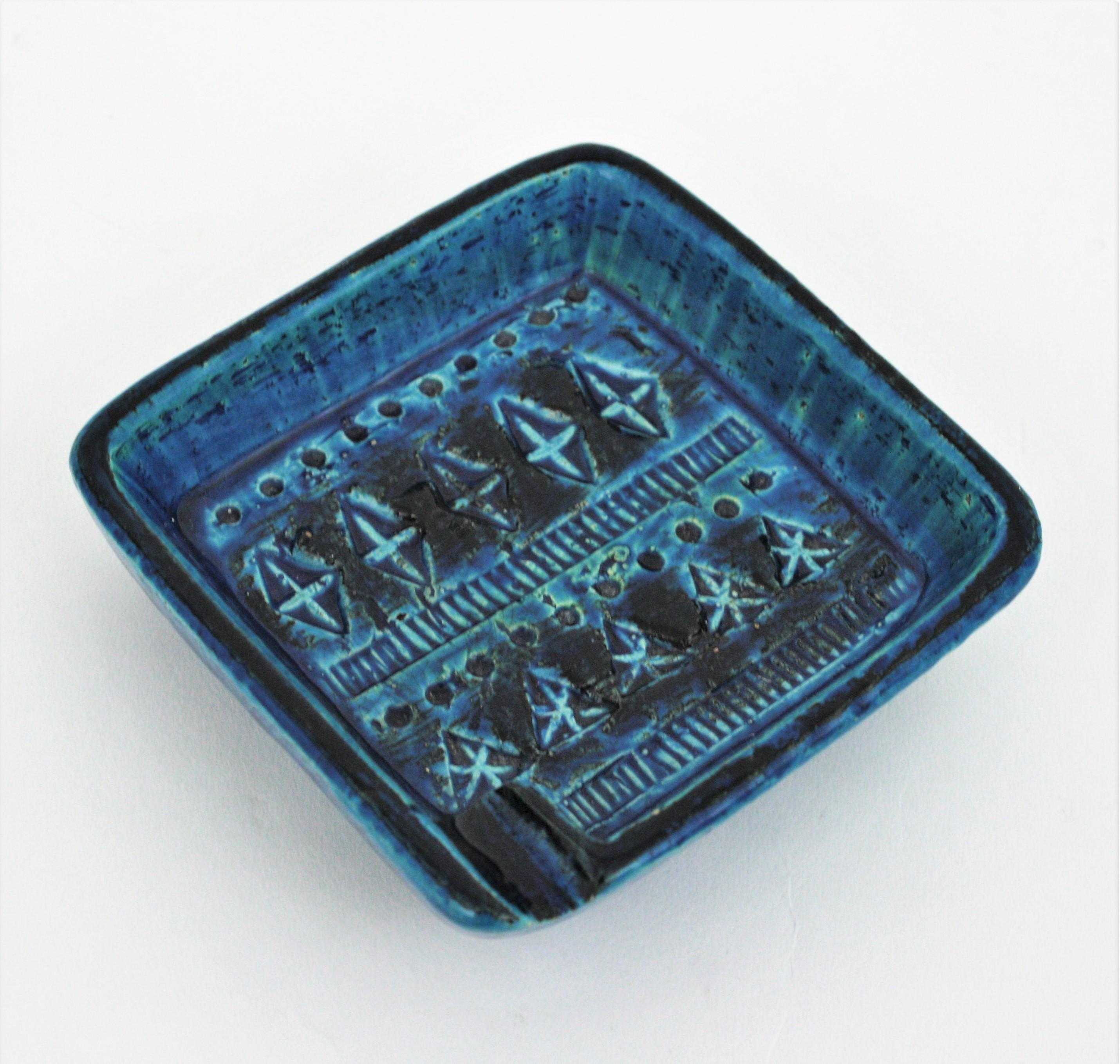 Italian Bitossi Aldo Londi Rimini Blue Glazed Ceramic Square Ashtray, Italy, 1960s For Sale