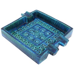 Bitossi Aldo Londi Rimini Blue Glazed Ceramic Square Ashtray, Italy, 1960s