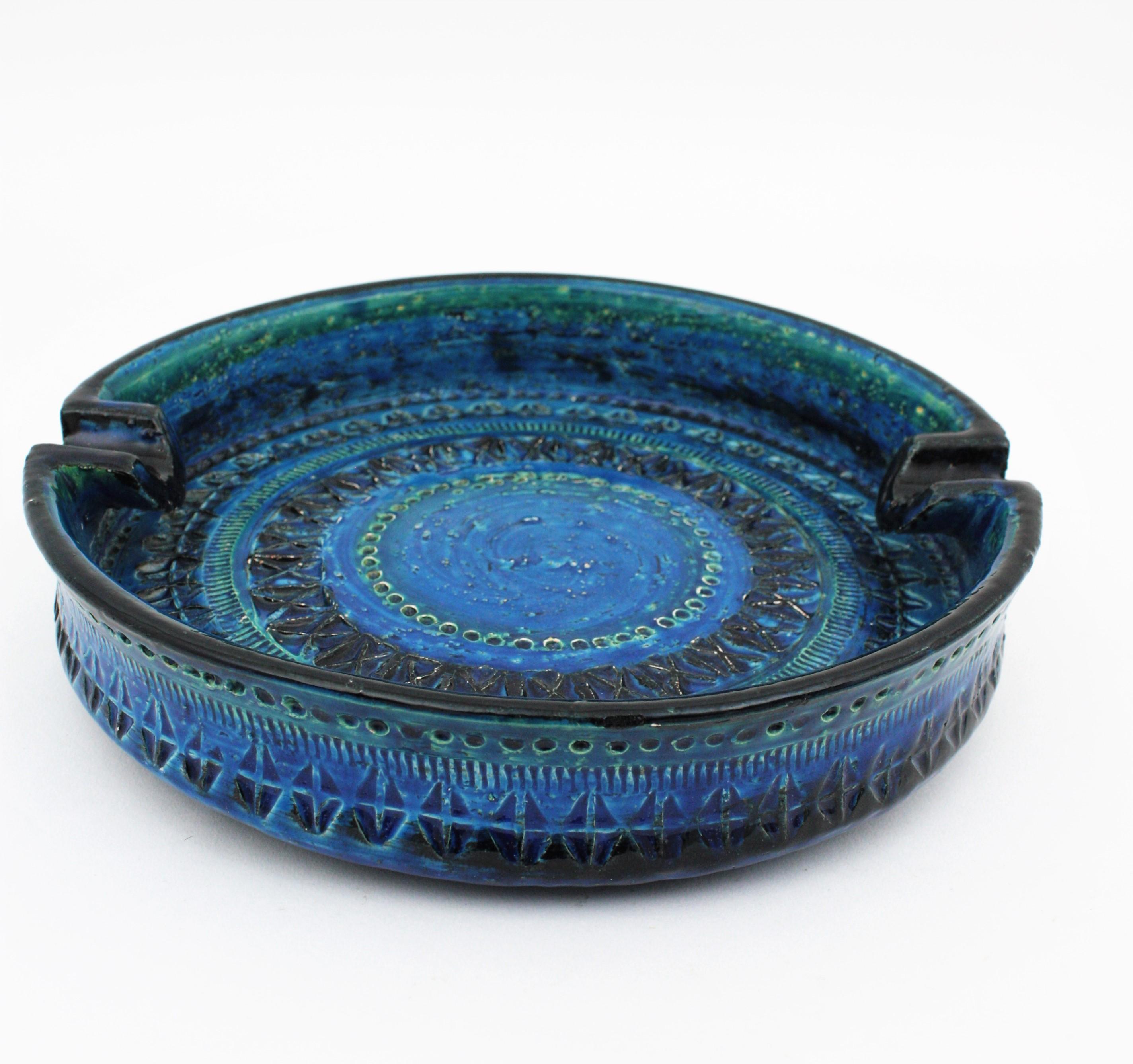 Pottery Bitossi Aldo Londi Rimini Blue Ceramic XL Round Centerpiece Bowl Ashtray For Sale