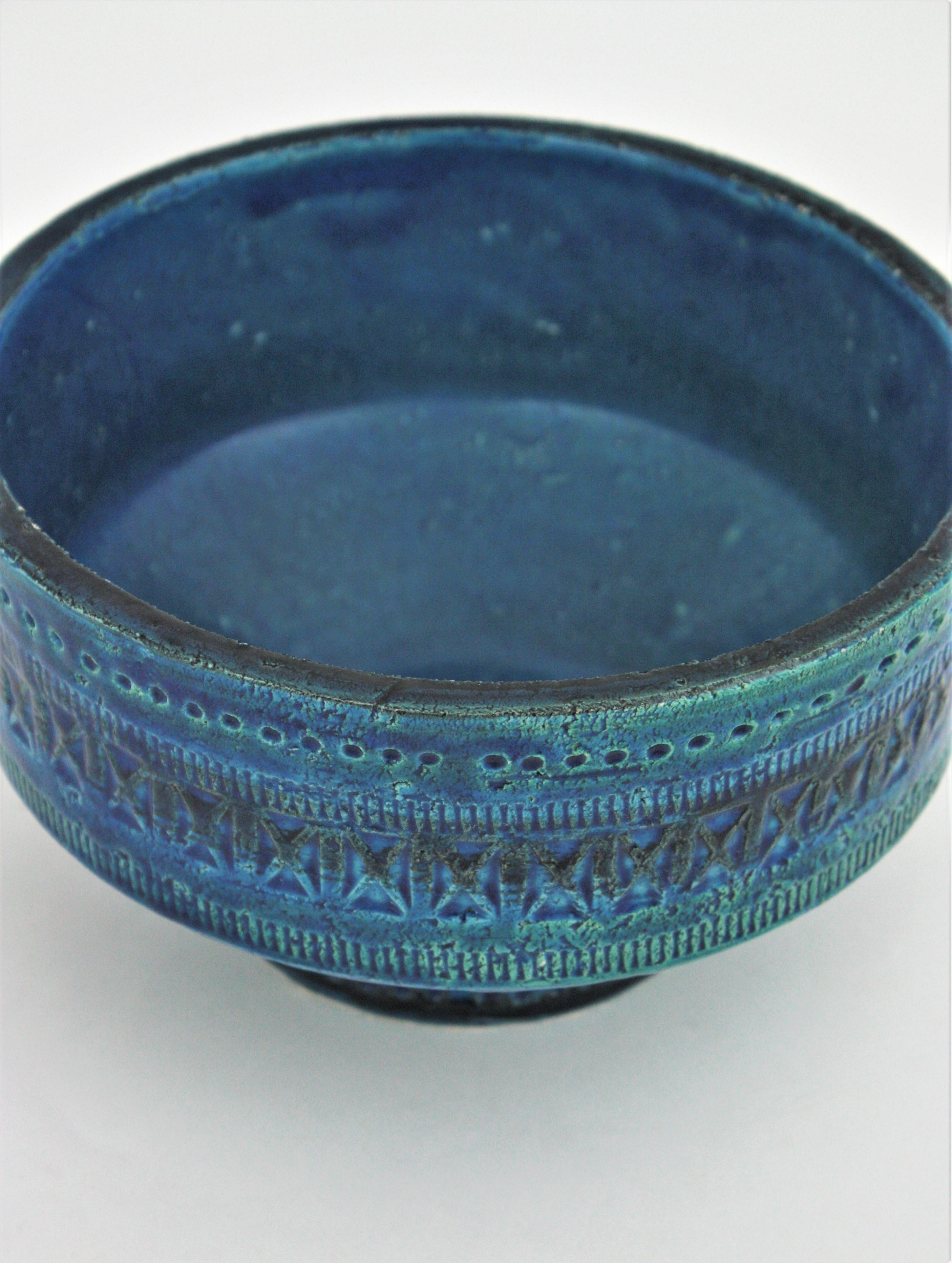 20th Century Aldo Londi Bitossi Rimini Blu Glazed Ceramic Footed Centerpiece Bowl, 1950s For Sale
