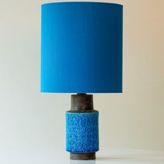 Bitossi Aqua and Brown Ceramic Table Lamp, Blue Silk Lampshade by R. Houben