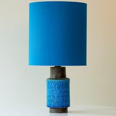 Bitossi Aqua and Brown Ceramic Table Lamp, Blue Silk Lampshade by R. Houben