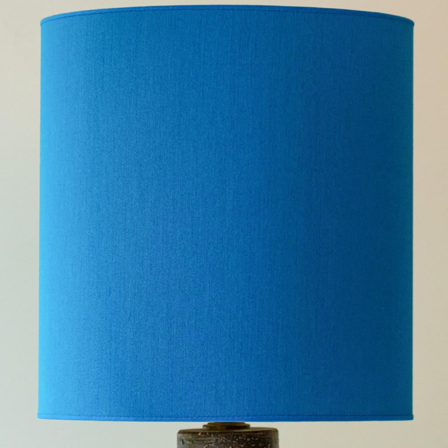 French Bitossi Aqua and Brown Ceramic Table Lamp, Blue Silk Lampshade by R. Houben For Sale