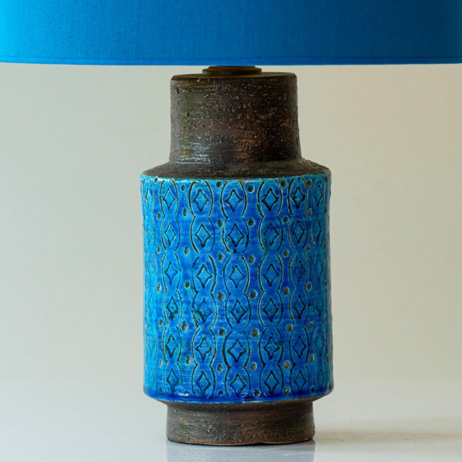 Other Bitossi Aqua and Brown Ceramic Table Lamp, Blue Silk Lampshade by R. Houben For Sale