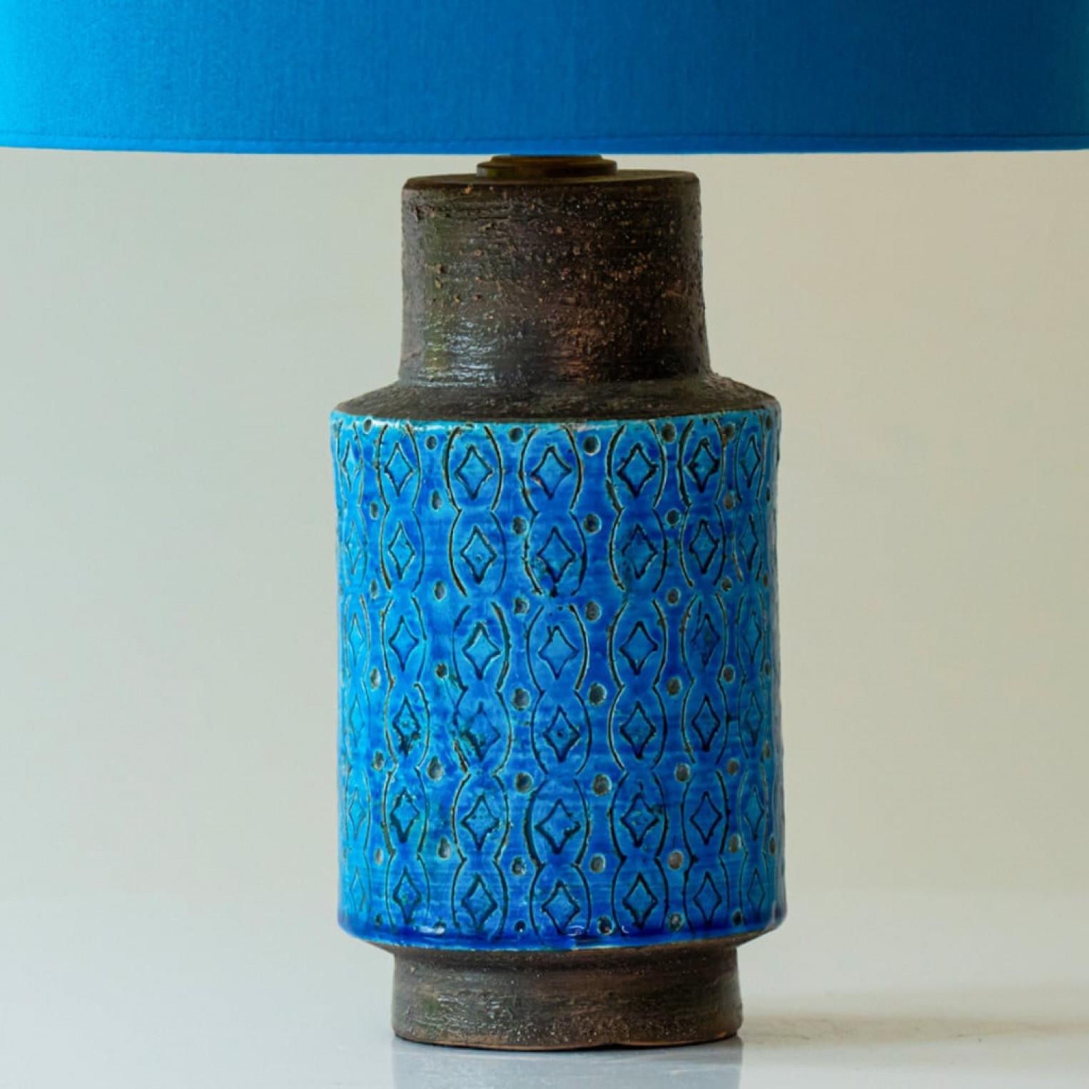 Other Bitossi Aqua and Brown Ceramic Table Lamp, Blue Silk Lampshade by R. Houben For Sale