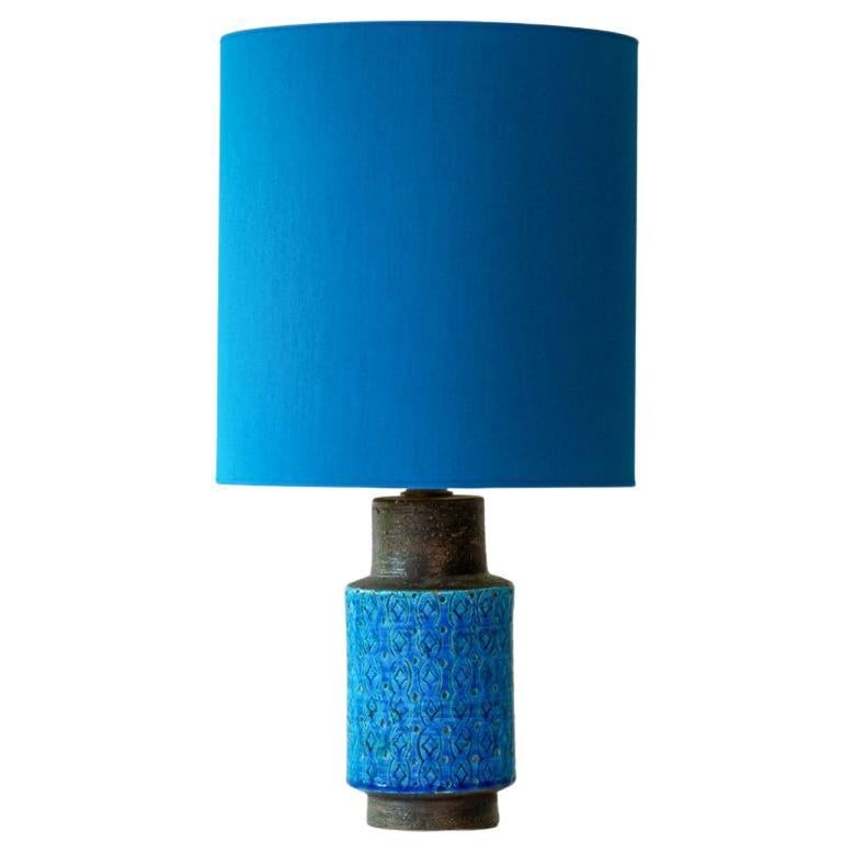 Bitossi Aqua and Brown Ceramic Table Lamp, Blue Silk Lampshade by R. Houben