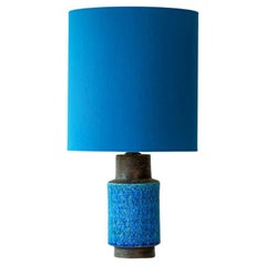 Bitossi Aqua and Brown Ceramic Table Lamp, Blue Silk Lampshade by R. Houben