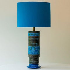 Bitossi Aqua Black Blue Ceramic Table Lamp, Blue Silk Lampshade by R. Houben