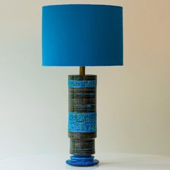 Bitossi Aqua Black Blue Ceramic Table Lamp, Blue Silk Lampshade by R. Houben