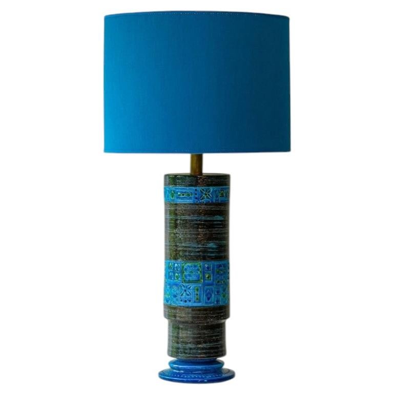 Bitossi Aqua Black Blue Ceramic Table Lamp, Blue Silk Lampshade by R. Houben For Sale