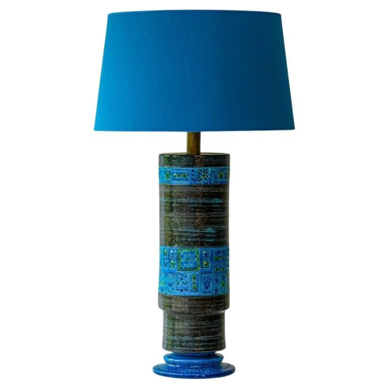 Bitossi Aqua Blue Black Ceramic Table Lamp, Blue Silk Lampshade by R. Houben For Sale