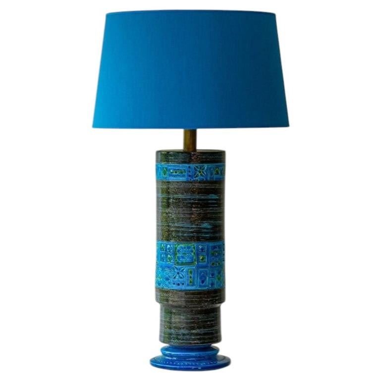 Bitossi Aqua Blue Black Ceramic Table Lamp, Blue Silk Lampshade by R. Houben For Sale