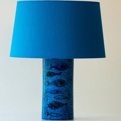 Bitossi Aqua Ceramic Table Lamp, Blue Silk Lampshade by R. Houben