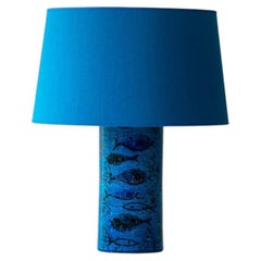 Bitossi Aqua Keramik-Tischlampe, Lampenschirm aus blauer Seide von R. Houben