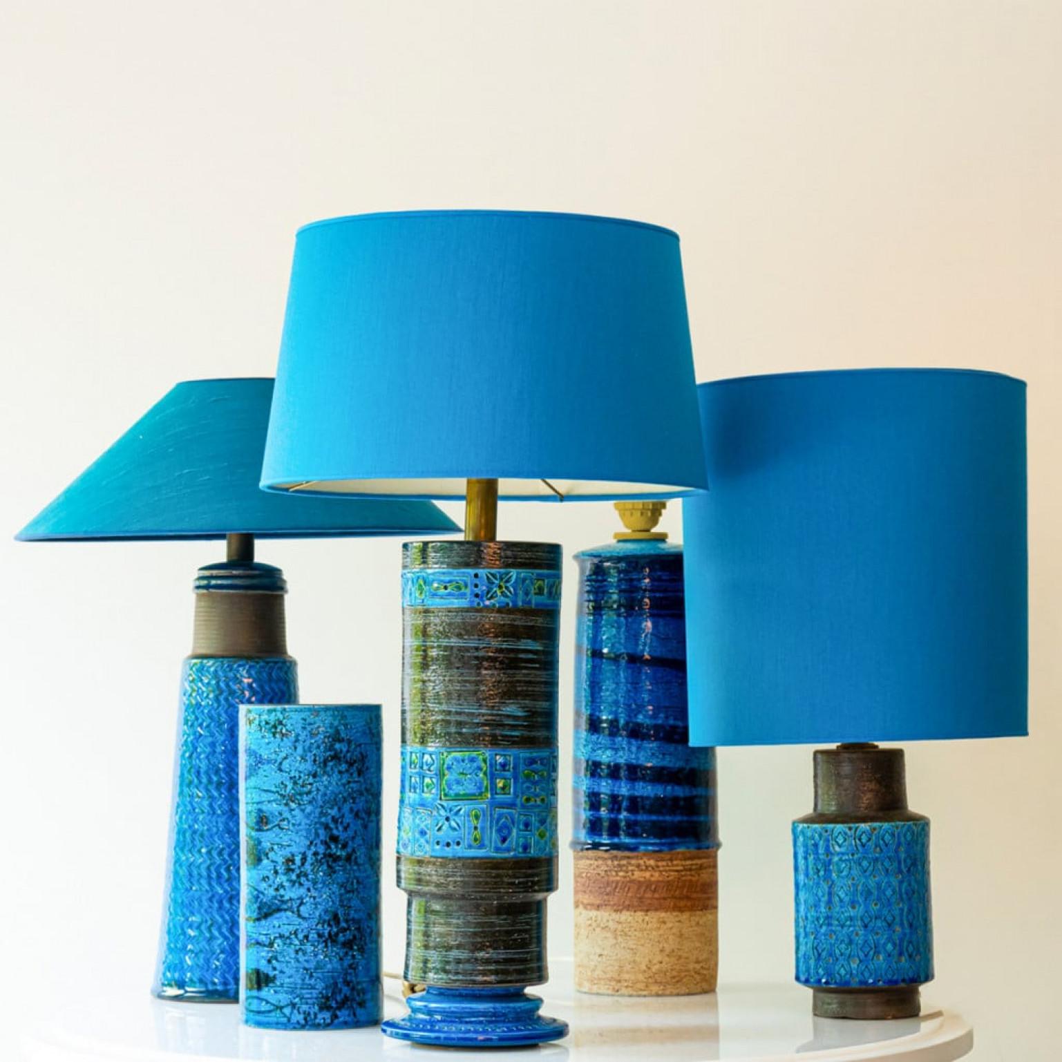 Bitossi Aqua Green Black Ceramic Table Lamp, Blue Silk Lampshade by R. Houben For Sale 3