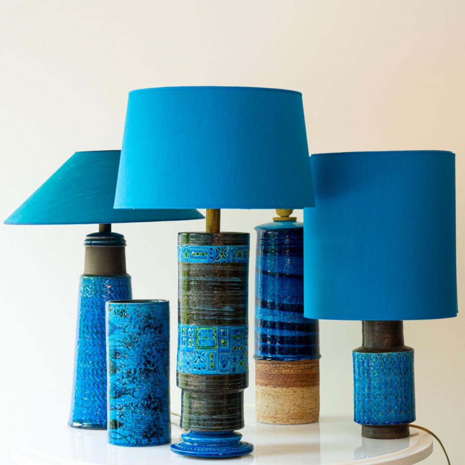 Bitossi Aqua Green Black Ceramic Table Lamp, Blue Silk Lampshade by R. Houben For Sale 4