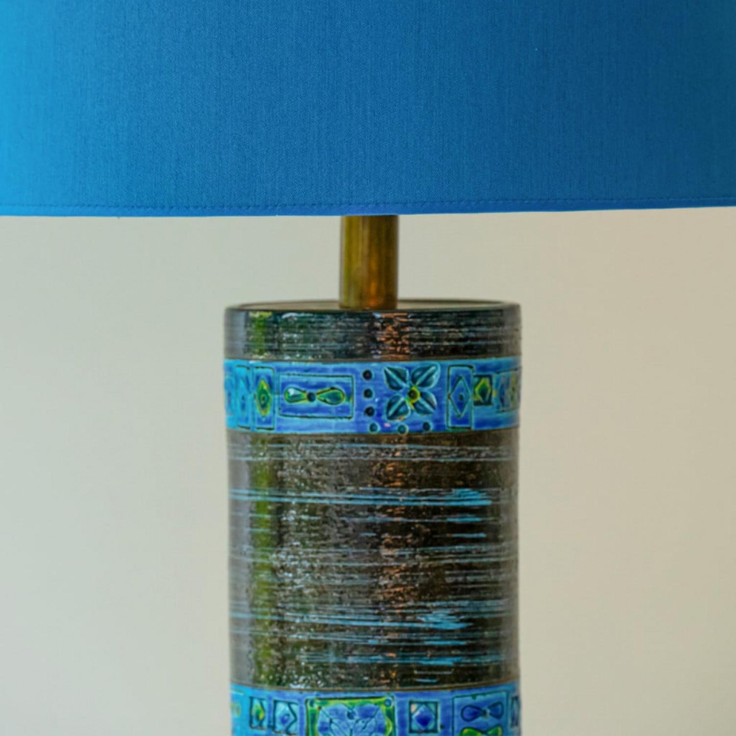 Mid-Century Modern Bitossi Aqua Green Black Ceramic Table Lamp, Blue Silk Lampshade by R. Houben For Sale