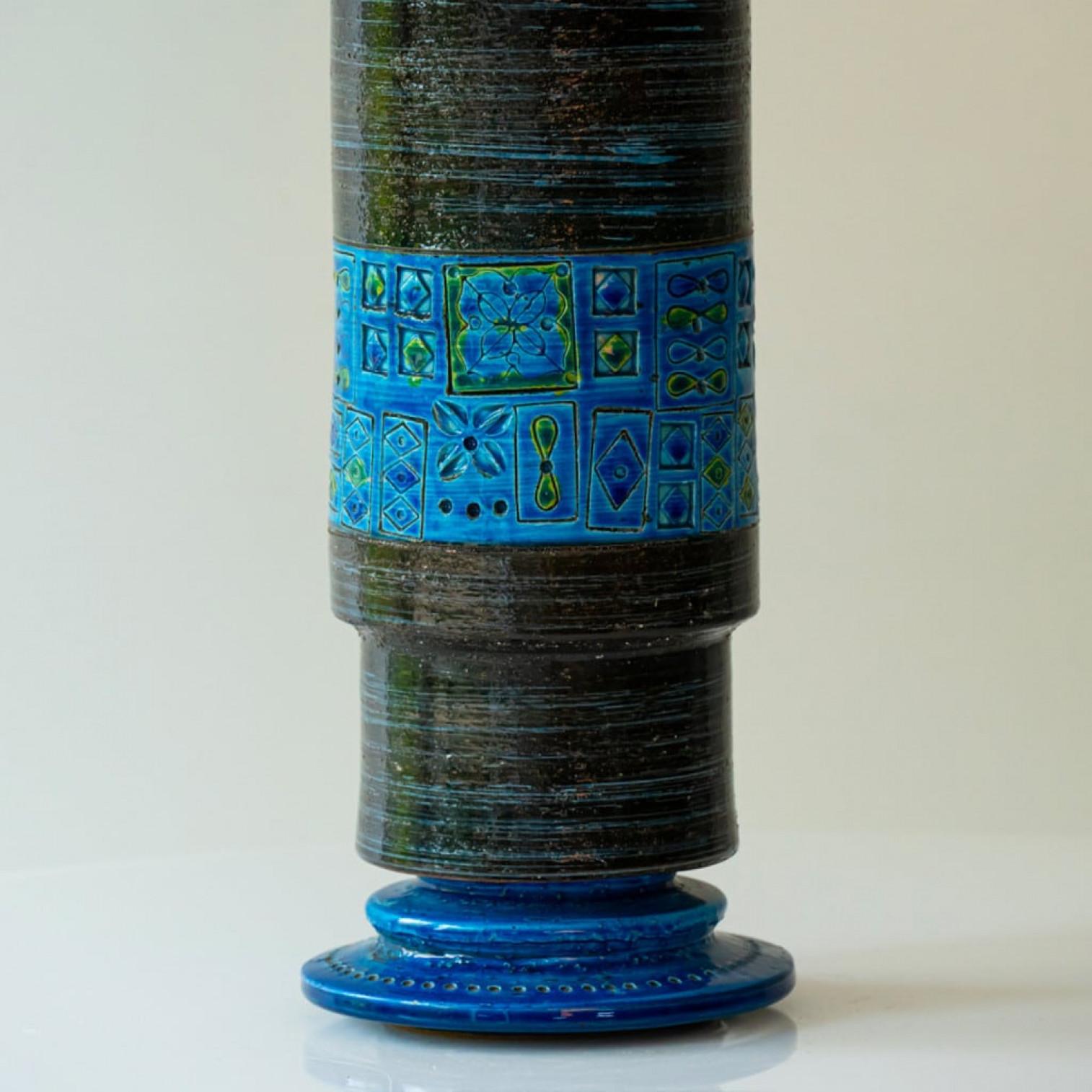 French Bitossi Aqua Green Black Ceramic Table Lamp, Blue Silk Lampshade by R. Houben For Sale