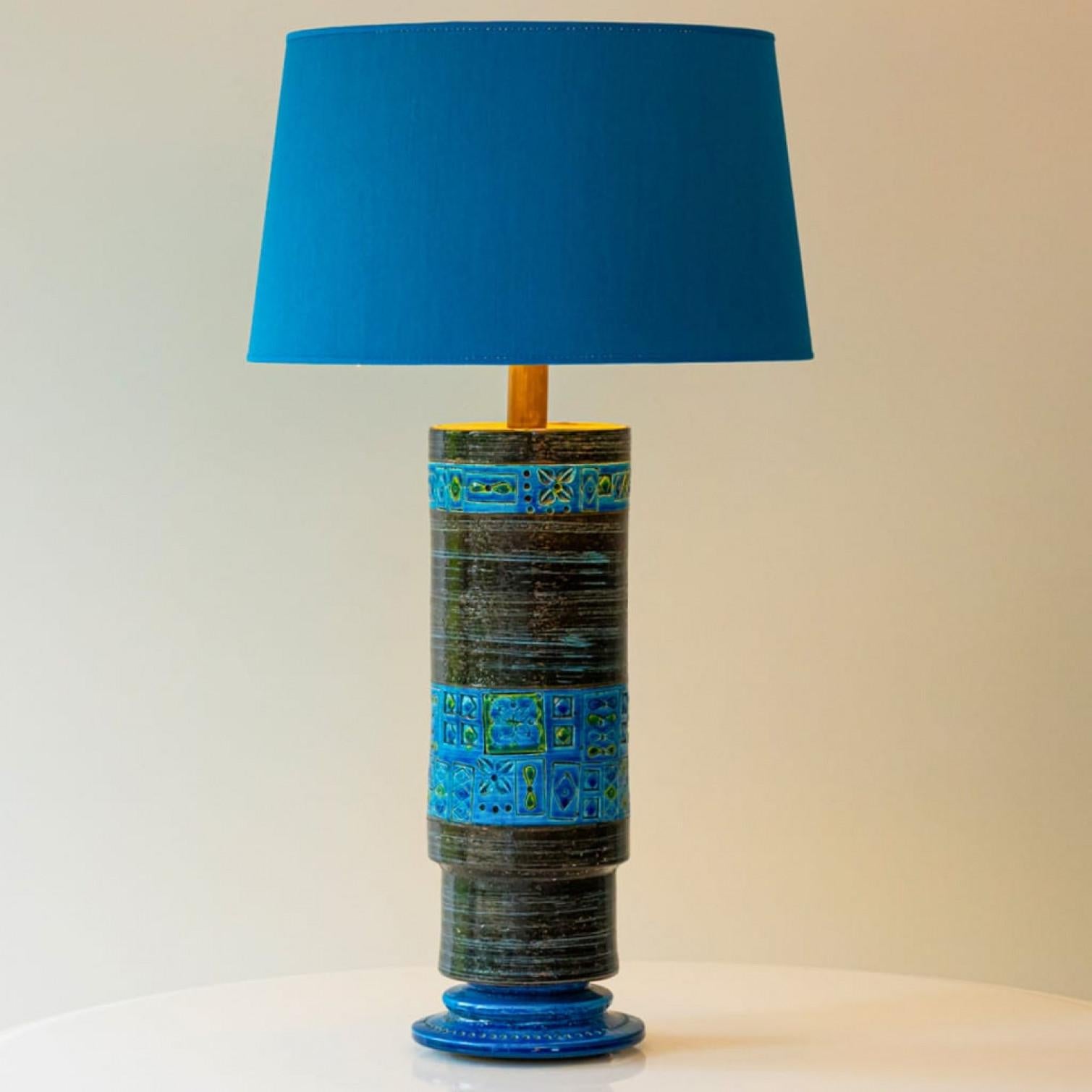 Late 20th Century Bitossi Aqua Green Black Ceramic Table Lamp, Blue Silk Lampshade by R. Houben For Sale