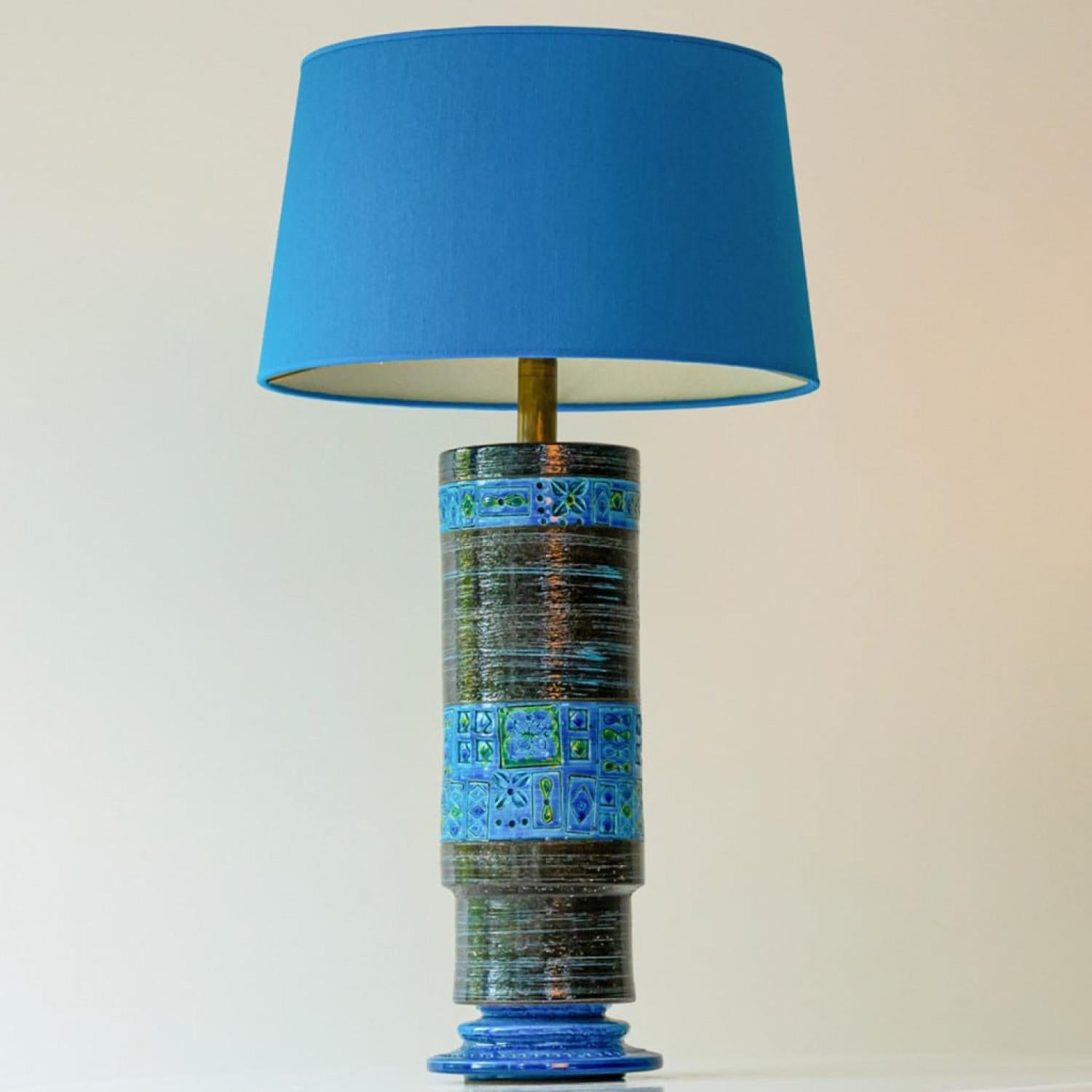 Bitossi Aqua Green Black Ceramic Table Lamp, Blue Silk Lampshade by R. Houben For Sale 1