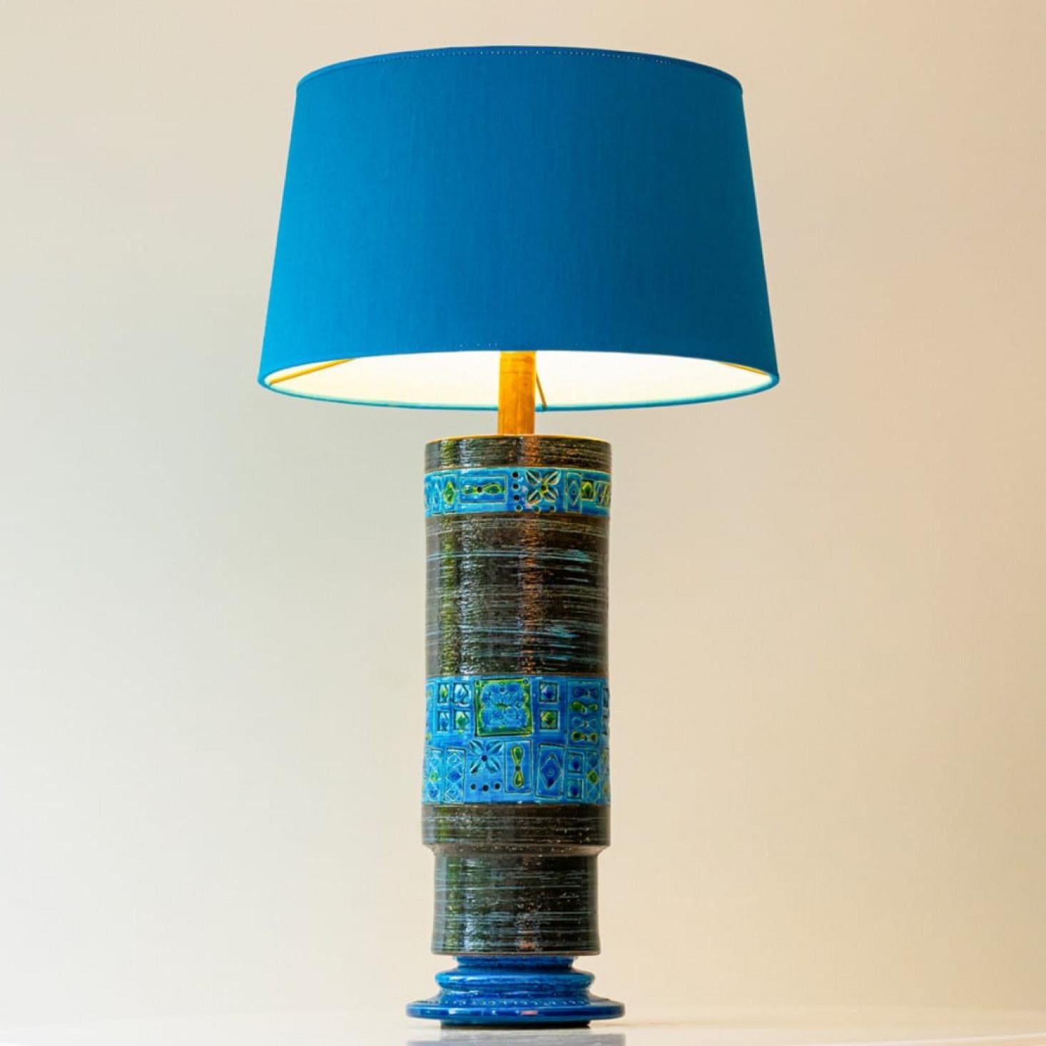 Bitossi Aqua Green Black Ceramic Table Lamp, Blue Silk Lampshade by R. Houben For Sale 2