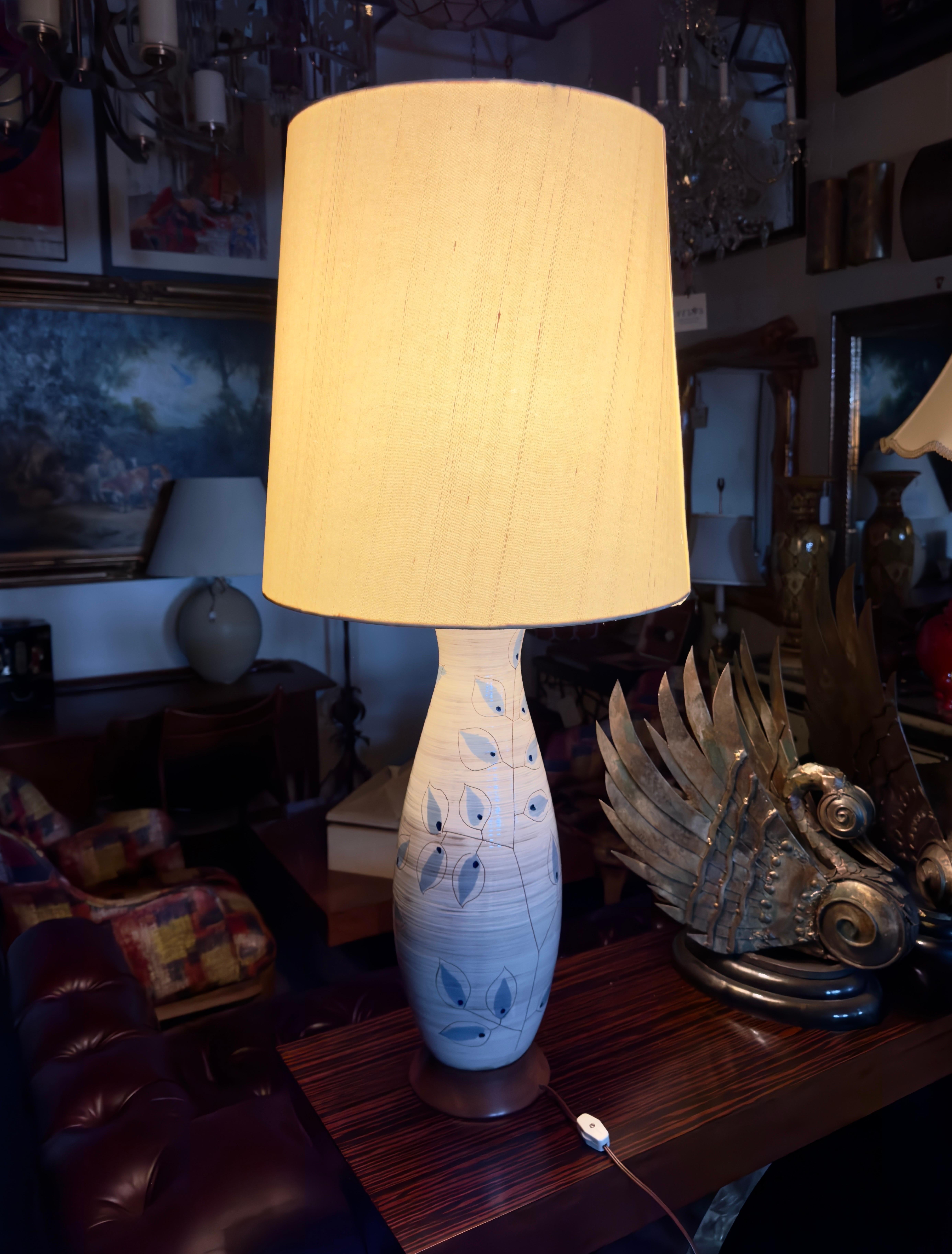 Italian Bitossi Artsian Ceramic Table Lamp with Blue Leaves Design  For Sale